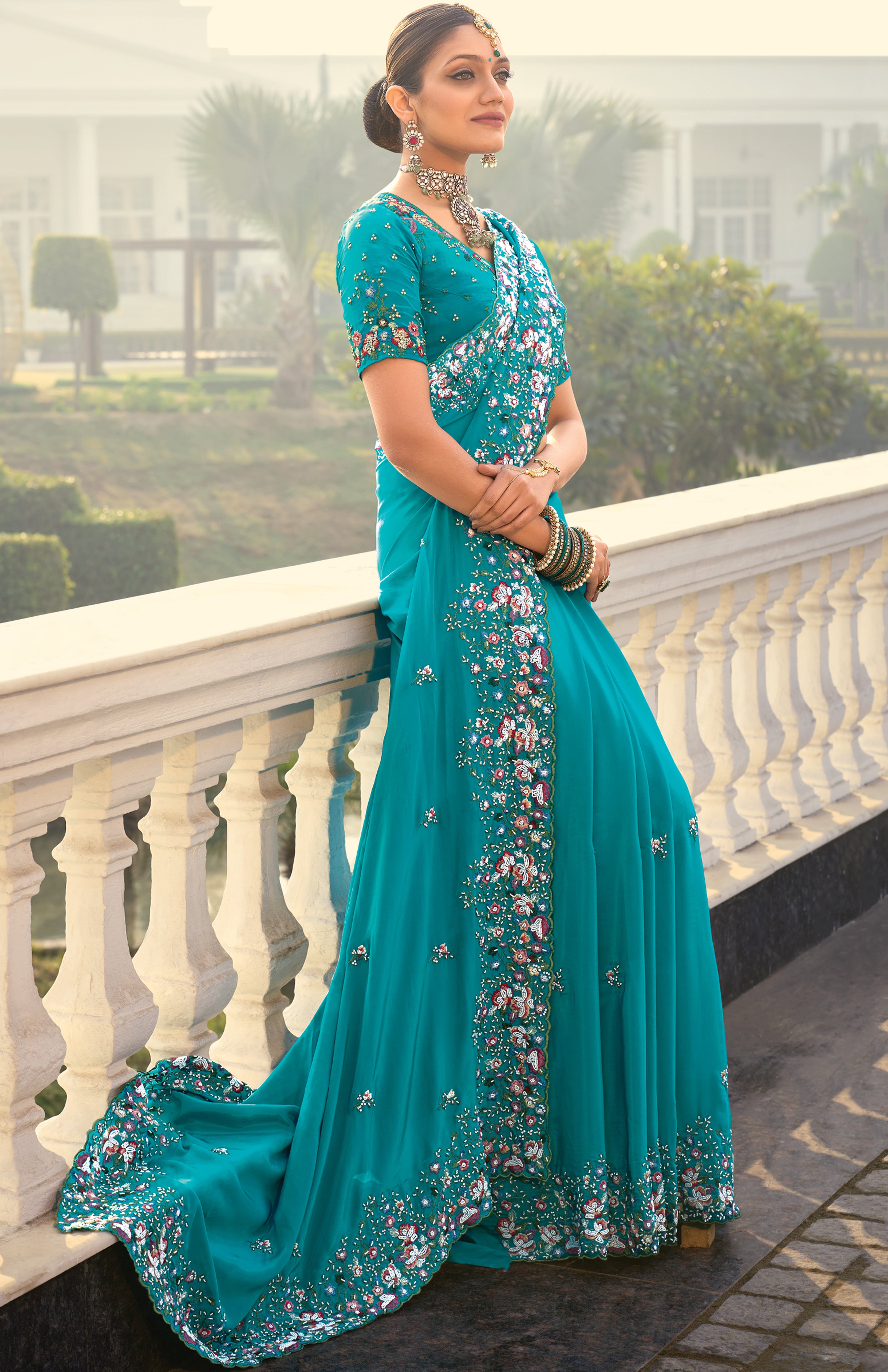 Firozi Pure Crepe Saree With Embroidery Work