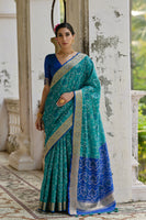 Firozi Raw Silk Saree with Ikkat Design and Contrast Pallu