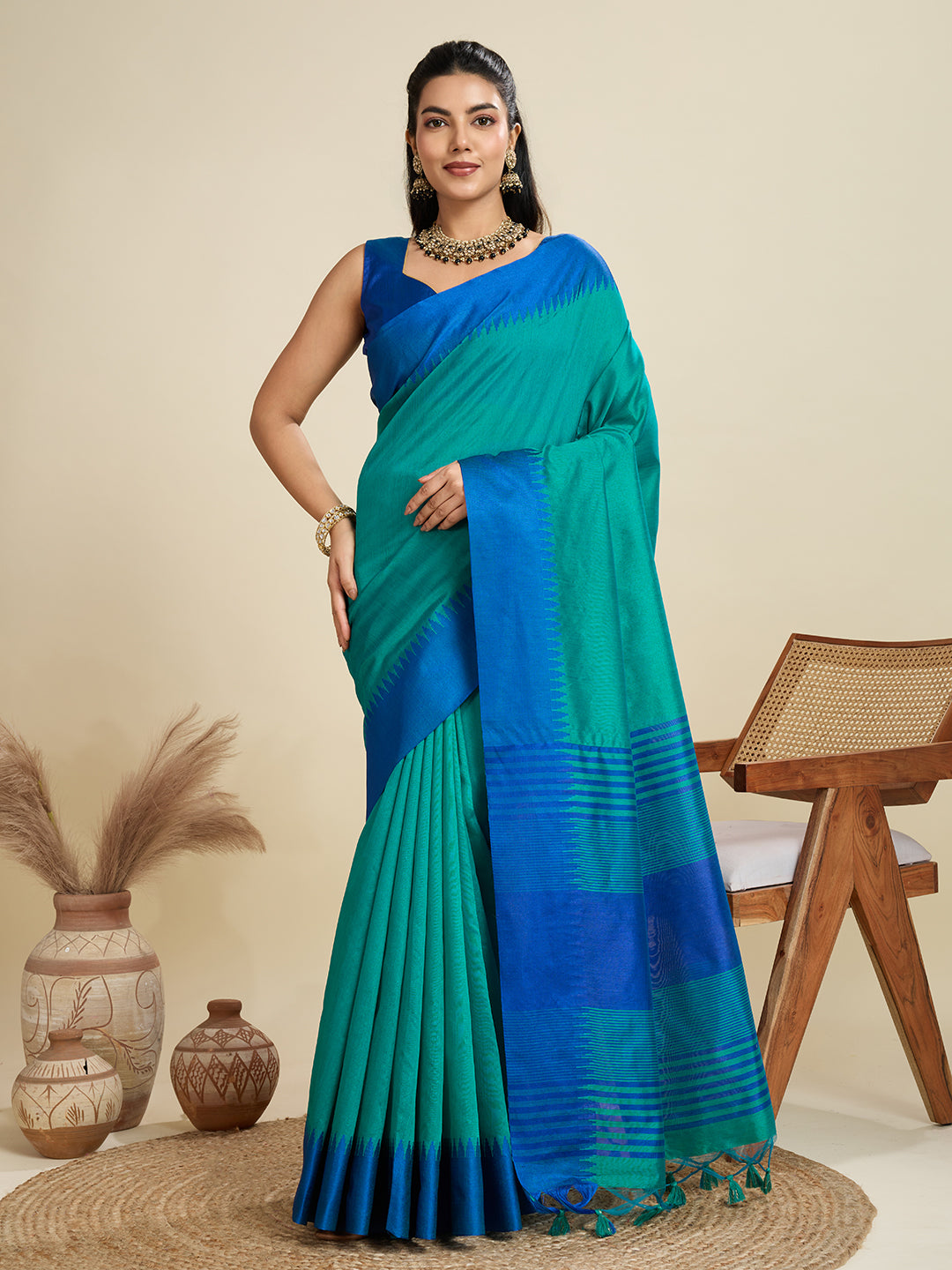 Firozi Raw Silk Saree with Temple Border and Striped Pallu