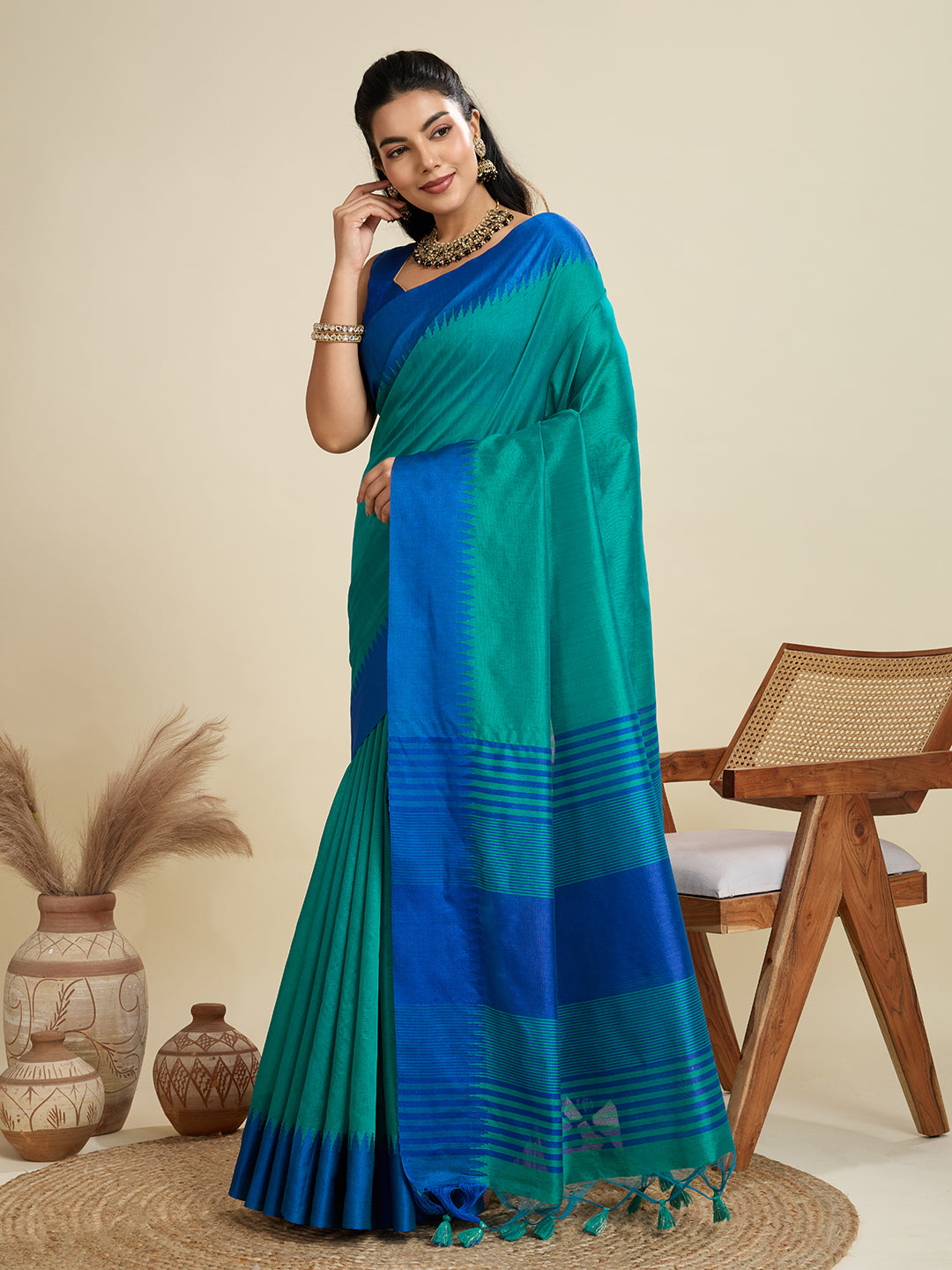 Firozi Raw Silk Saree with Temple Border and Striped Pallu