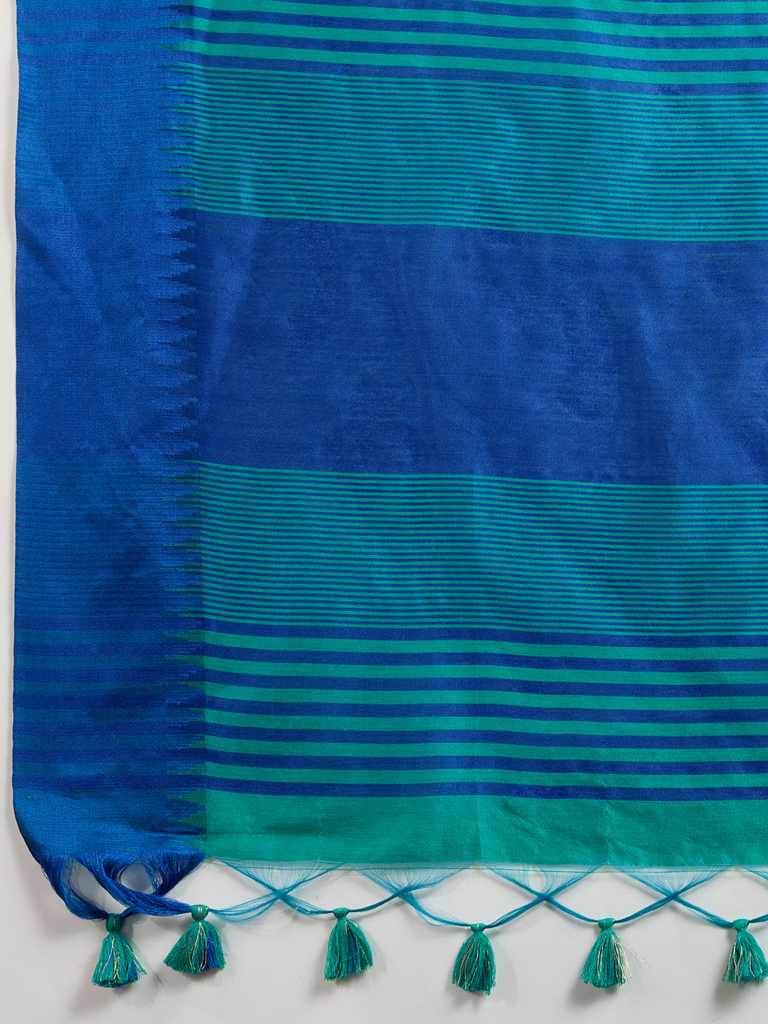 Firozi Raw Silk Saree with Temple Border and Striped Pallu
