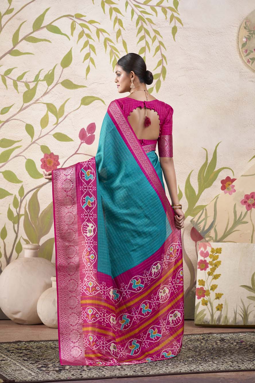 Firozi Tussar Chex Saree with Patola Print & Weaving Border