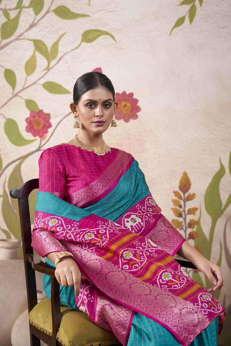 Firozi Tussar Chex Saree with Patola Print & Weaving Border