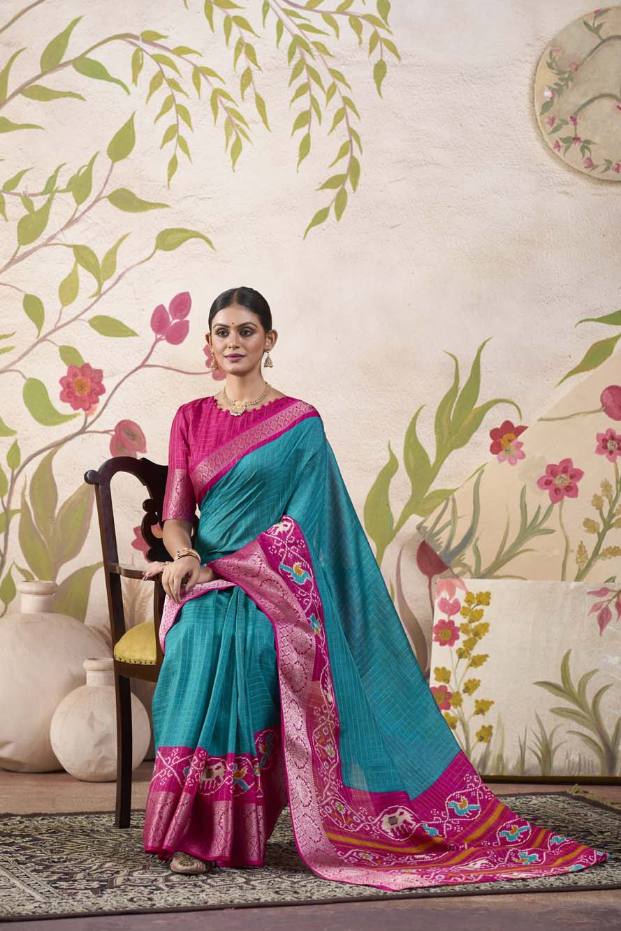Firozi Tussar Chex Saree with Patola Print & Weaving Border