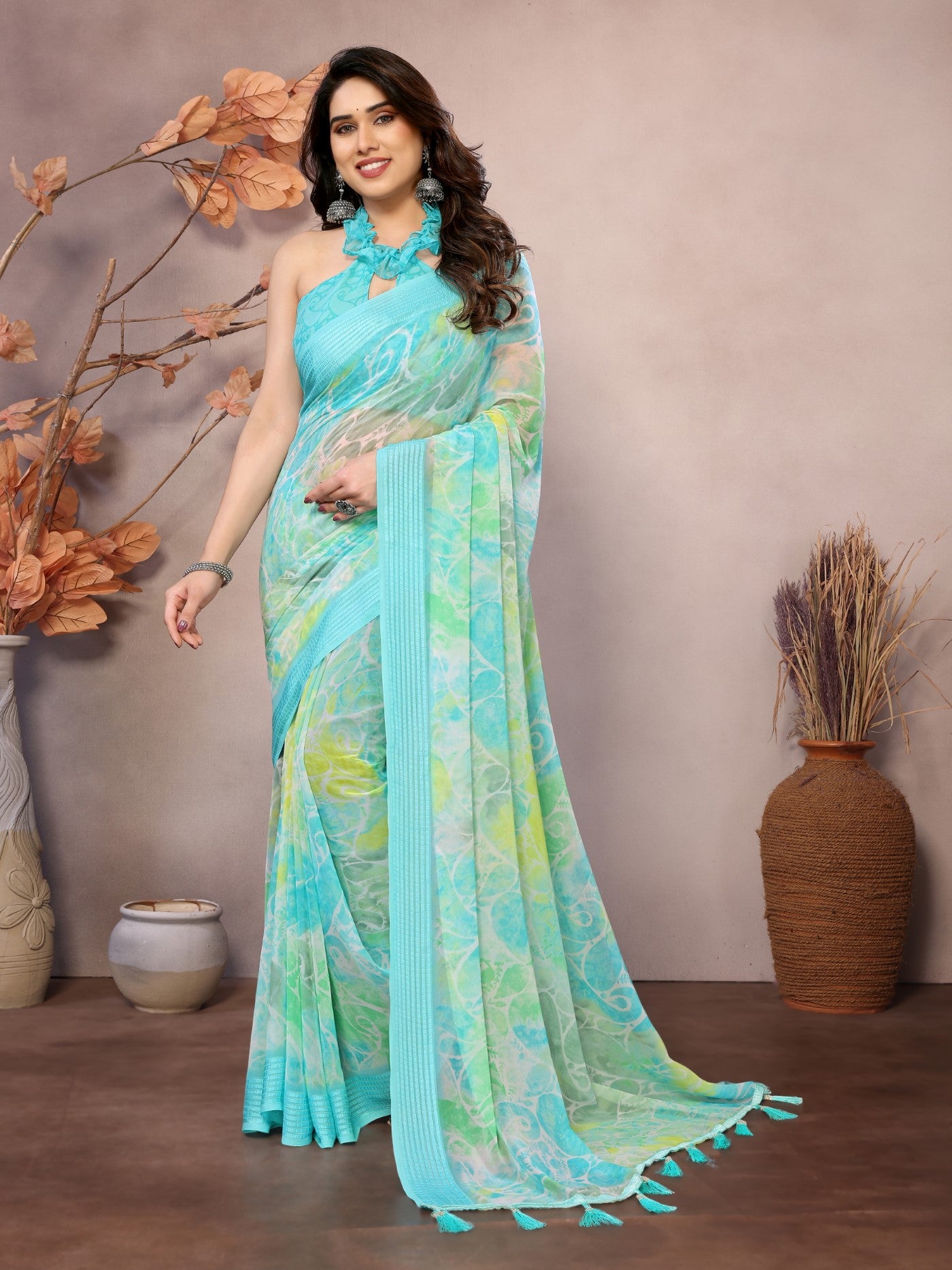 Firozi Weightless Patta Saree With Printed