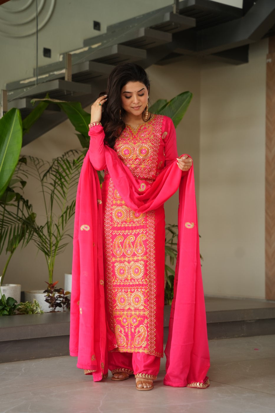 Gajari Chinon Designer Suit Set With Zari Mukaish Thread Embroidery