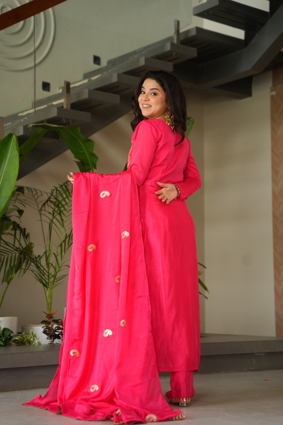 Gajari Chinon Designer Suit Set With Zari Mukaish Thread Embroidery
