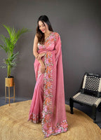 Gajari Colour Soft Glossy Silk Heavy Embroidery Work Saree