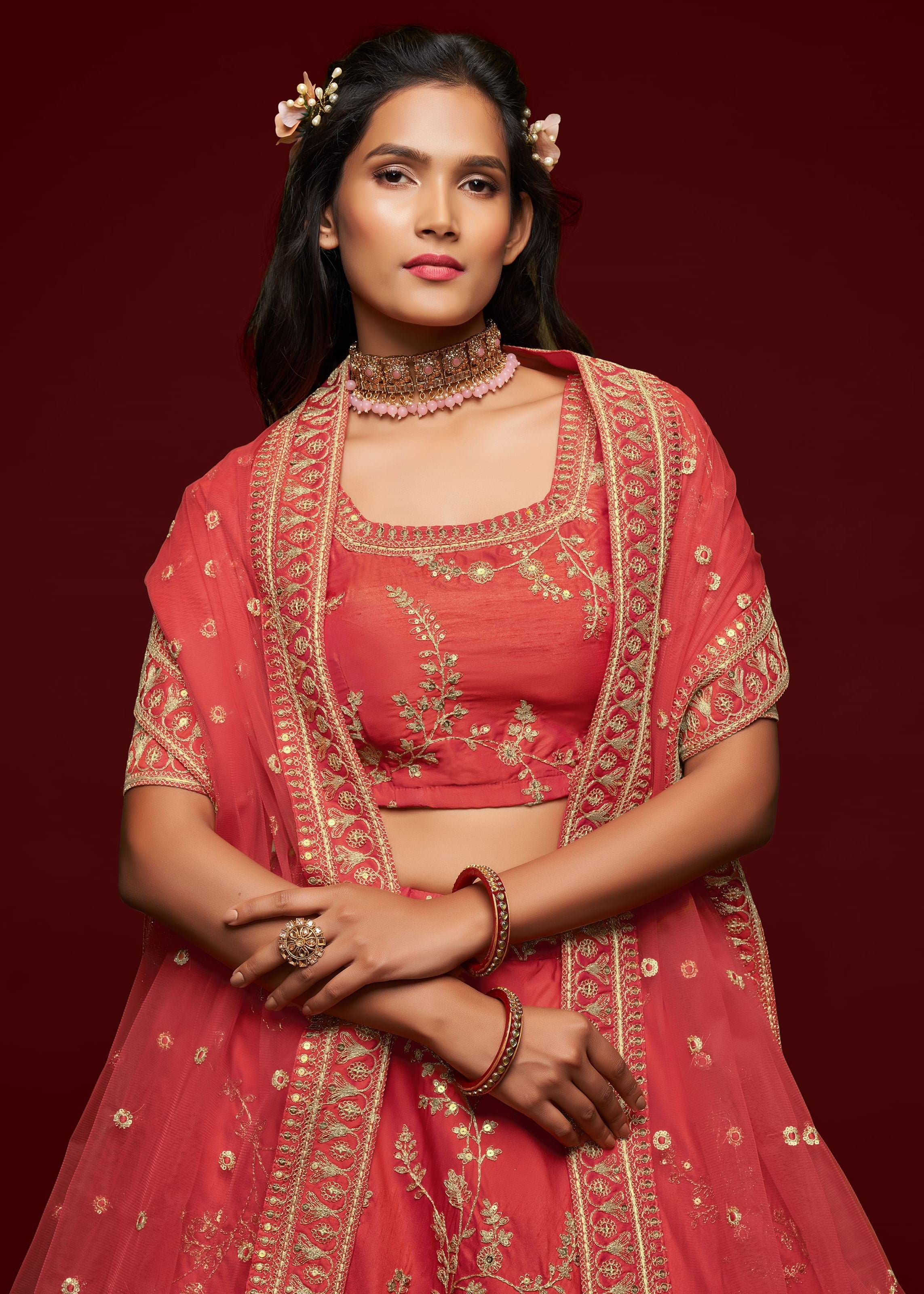 Gajri Art Silk Lehenga Choli With Thread, Zari, Dori and Sequins Embroidery Work