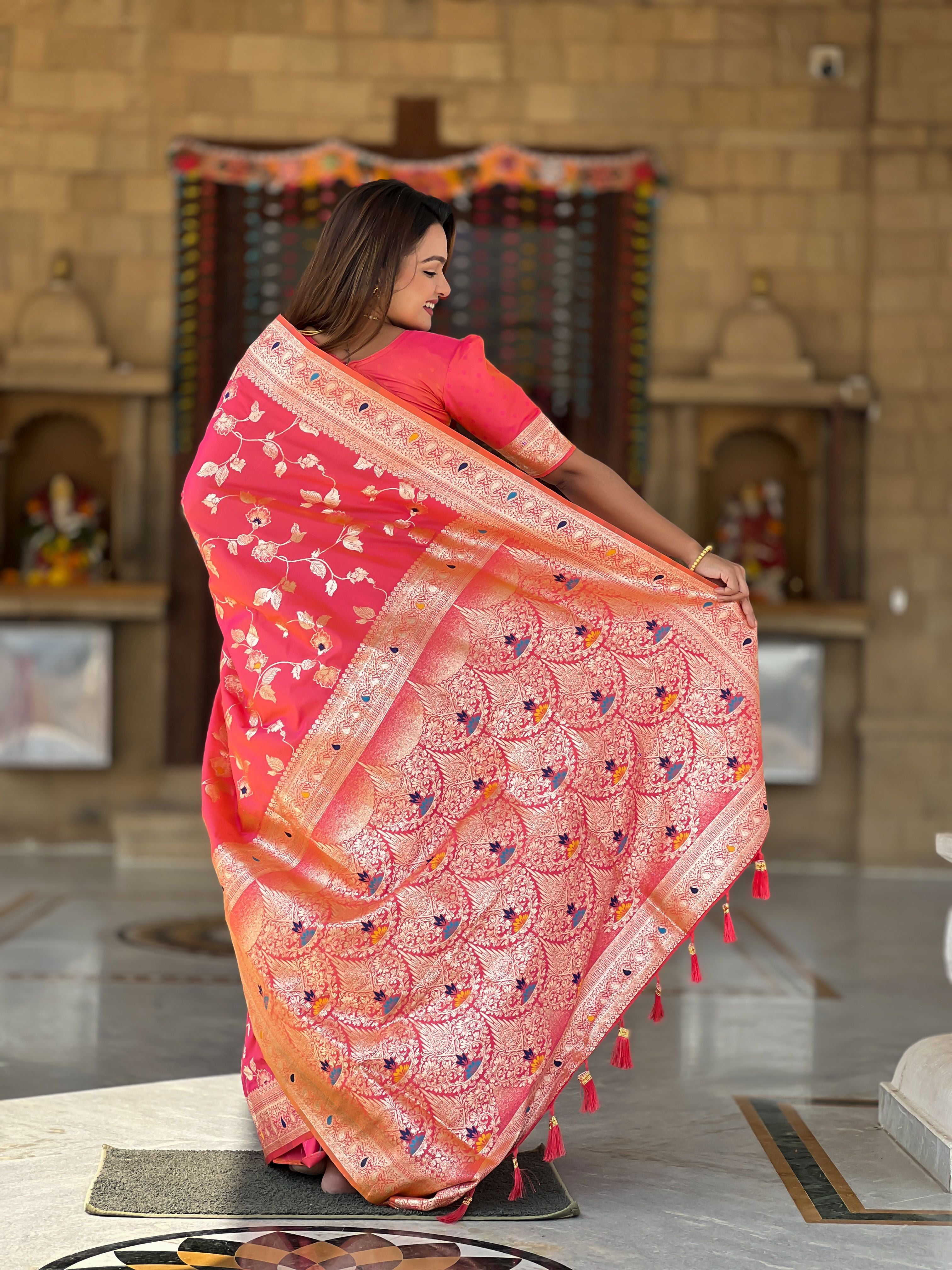 Gajri Banarasi Silk Woven Jacquard Designer Ceremonial Partywear Saree