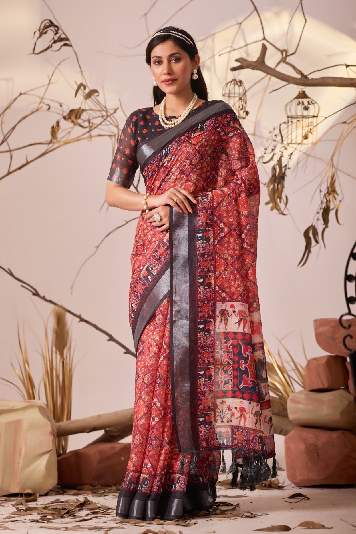 Gajri Linen Cotton Saree With Digital Printed Elegant Traditional Design