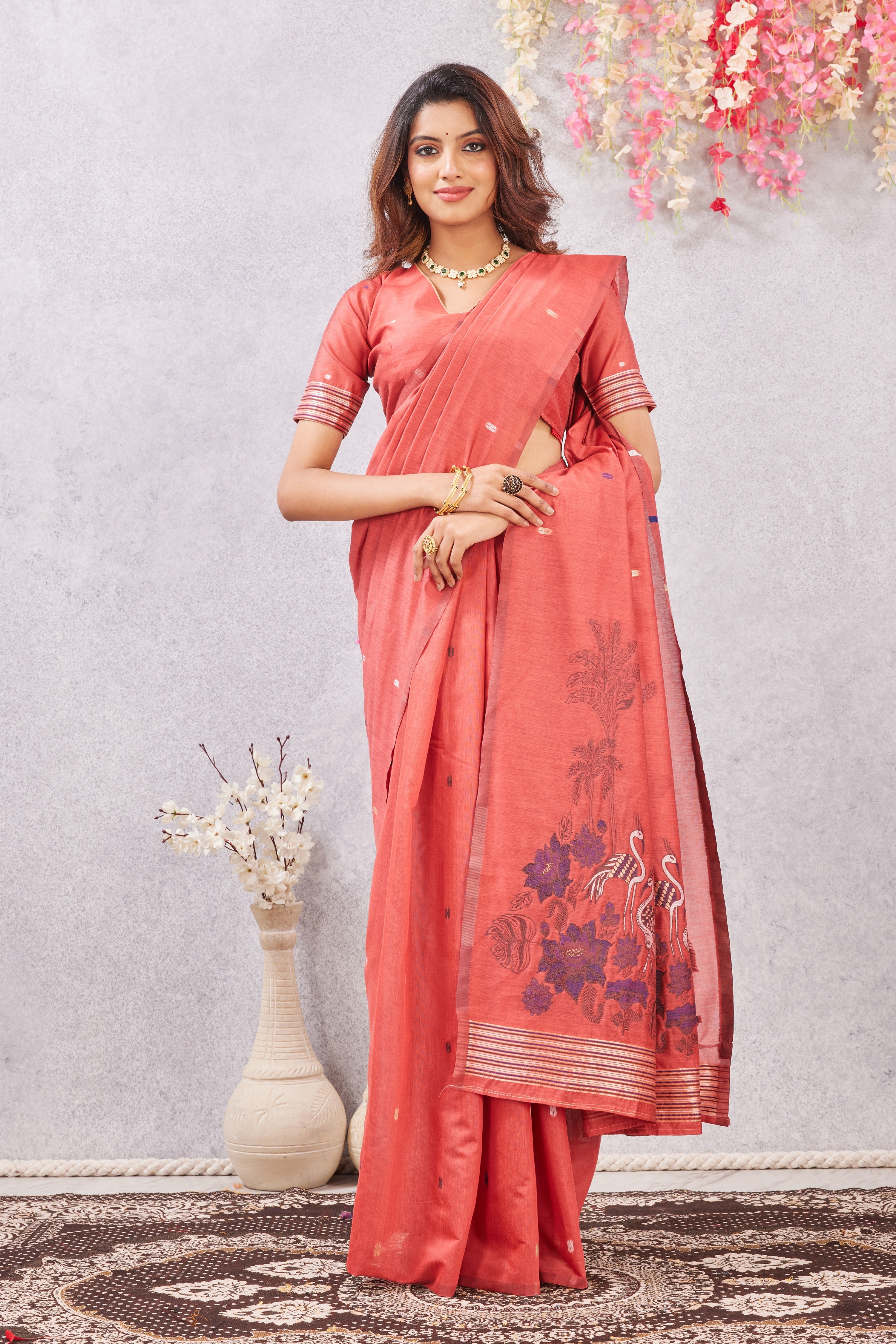 Gajri Linen Cotton Saree with Ethnic Motif Design & Rich Jacquard Pallu