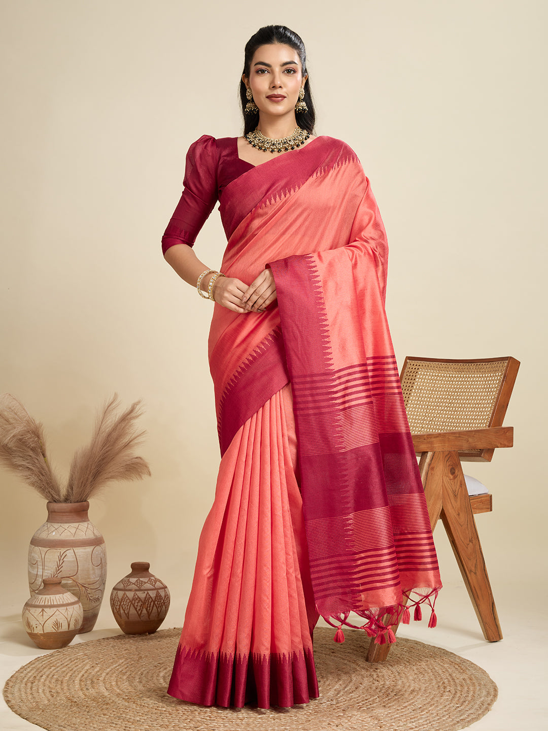 Gajri Raw Silk Saree with Temple Border and Striped Pallu