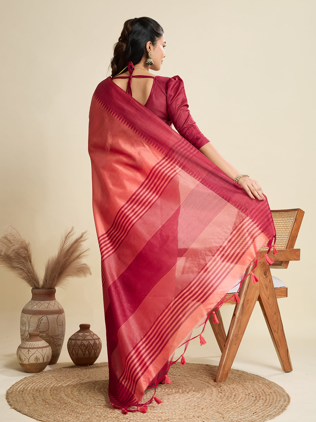 Gajri Raw Silk Saree with Temple Border and Striped Pallu
