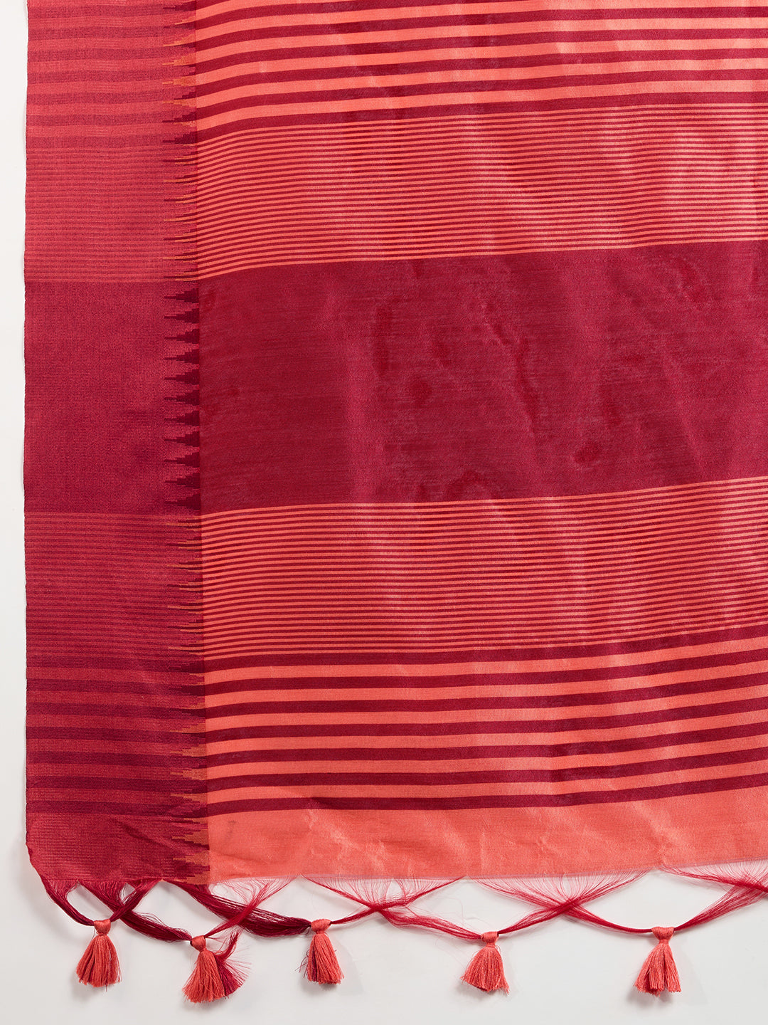 Gajri Raw Silk Saree with Temple Border and Striped Pallu