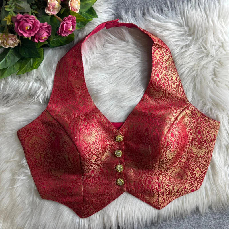 Gazari Pink Banarasi Jacquard Silk Halter Neck Blouse with Embroidery & Sequins
