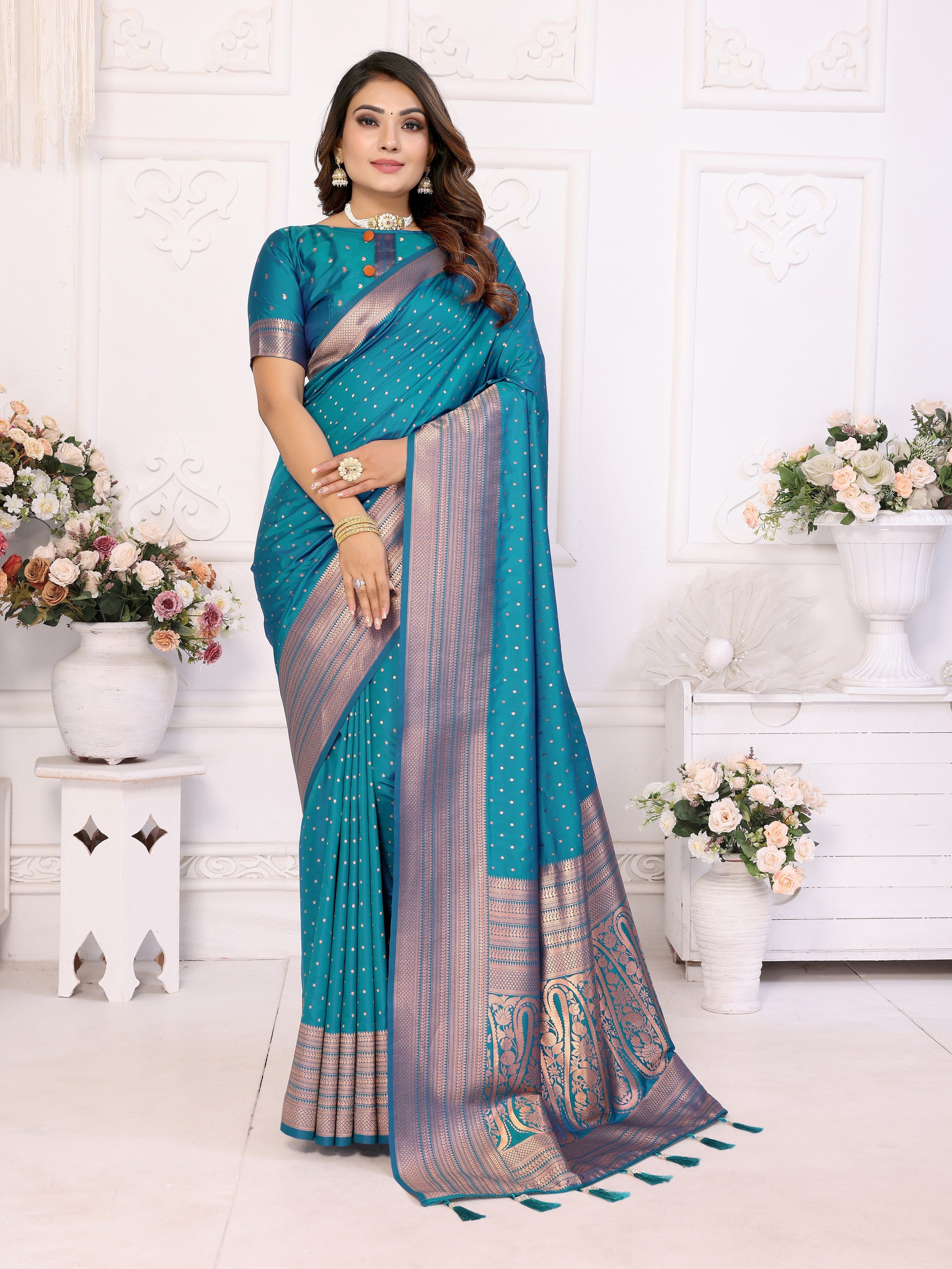 Girlie Woven Jari Designer Soft Silk Saree In Teal Blue