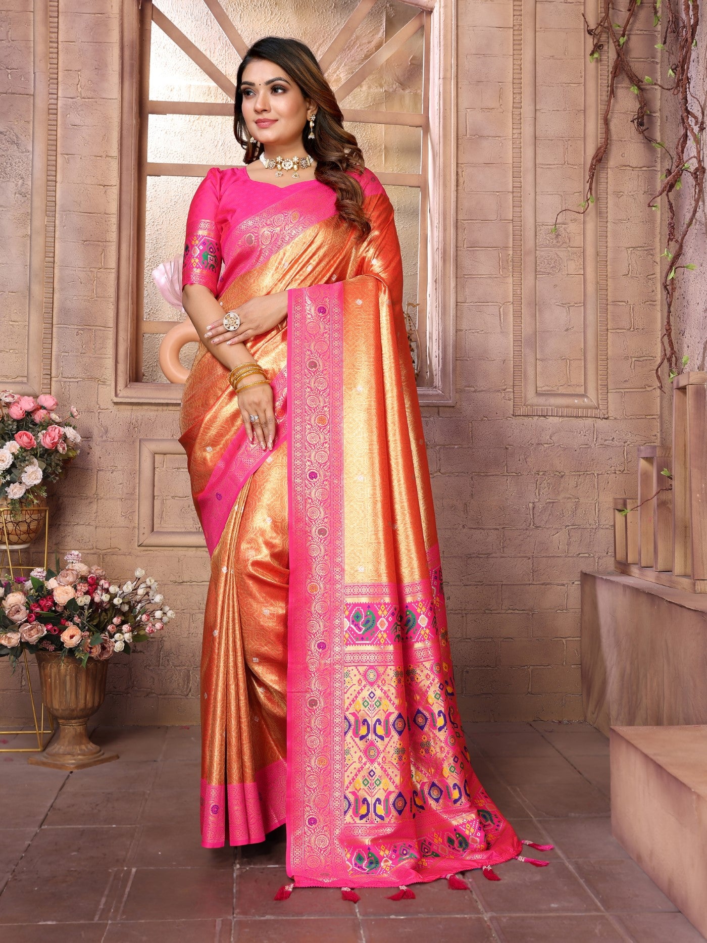 Gold Banarasi Tissue Silk Saree With Traditional Weaving