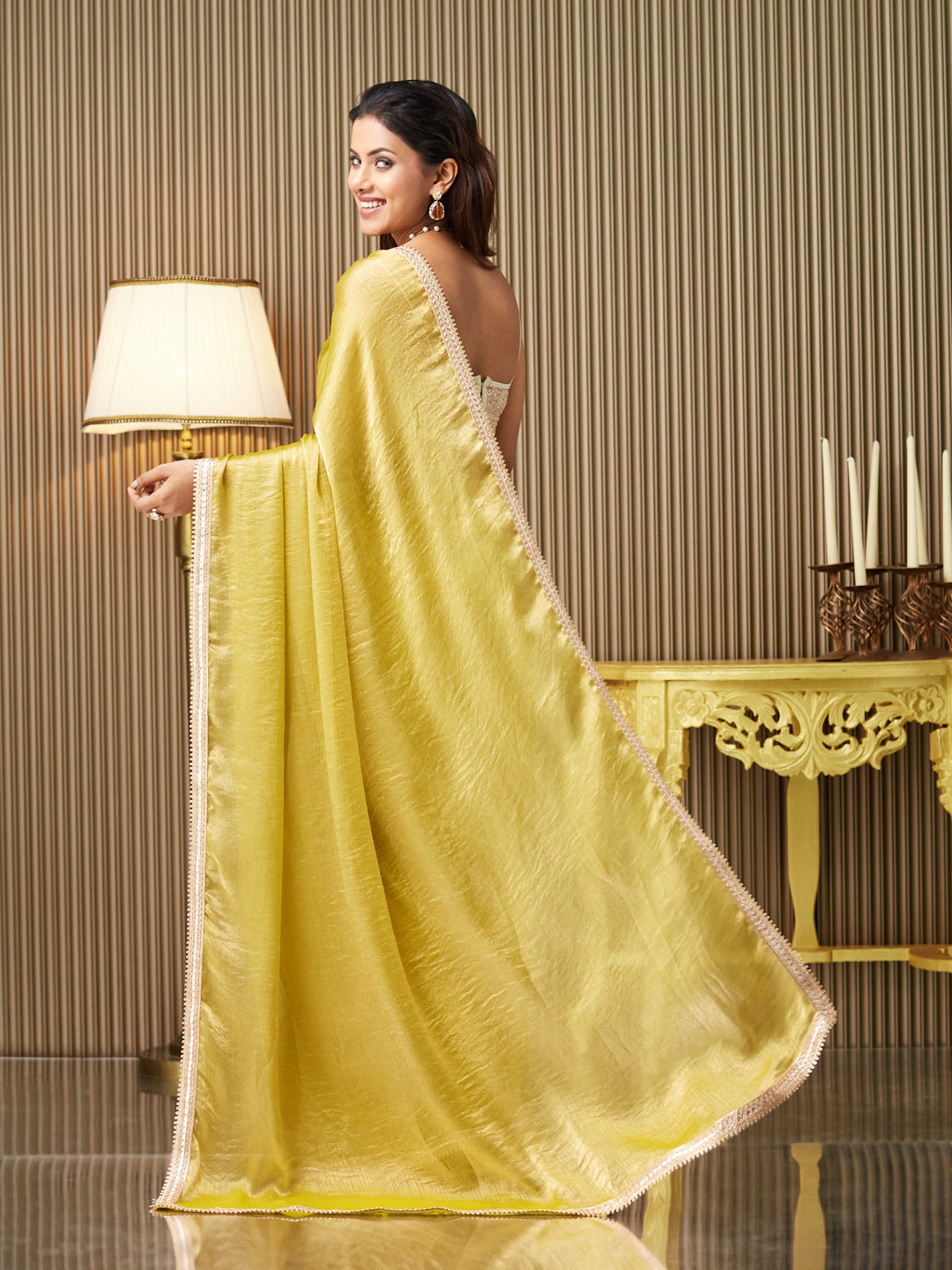 Gold Chiffon Fancy Designer Bollywood Party Saree