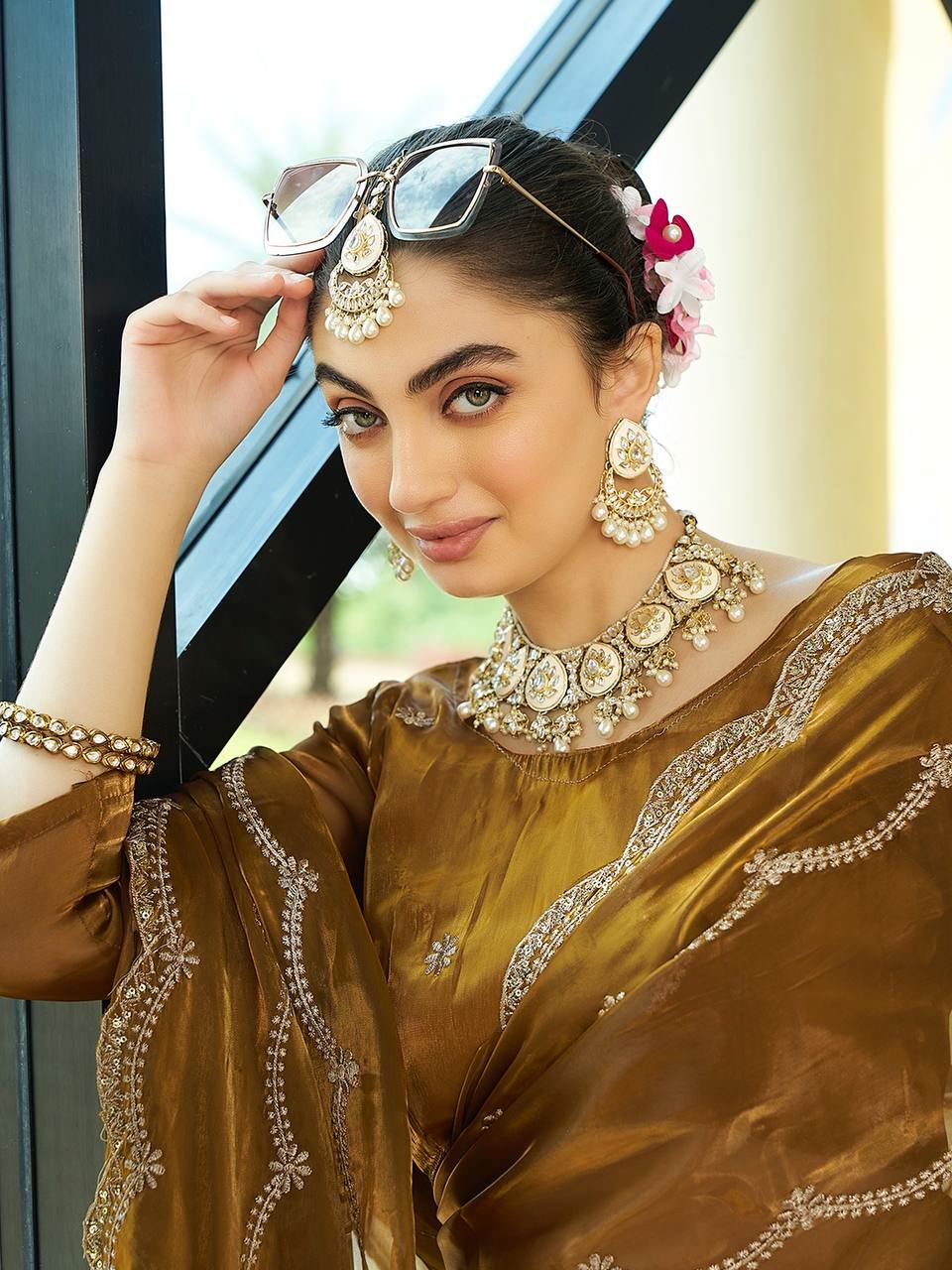 Gold Colour Zimichu Silk Embroidery Work Saree