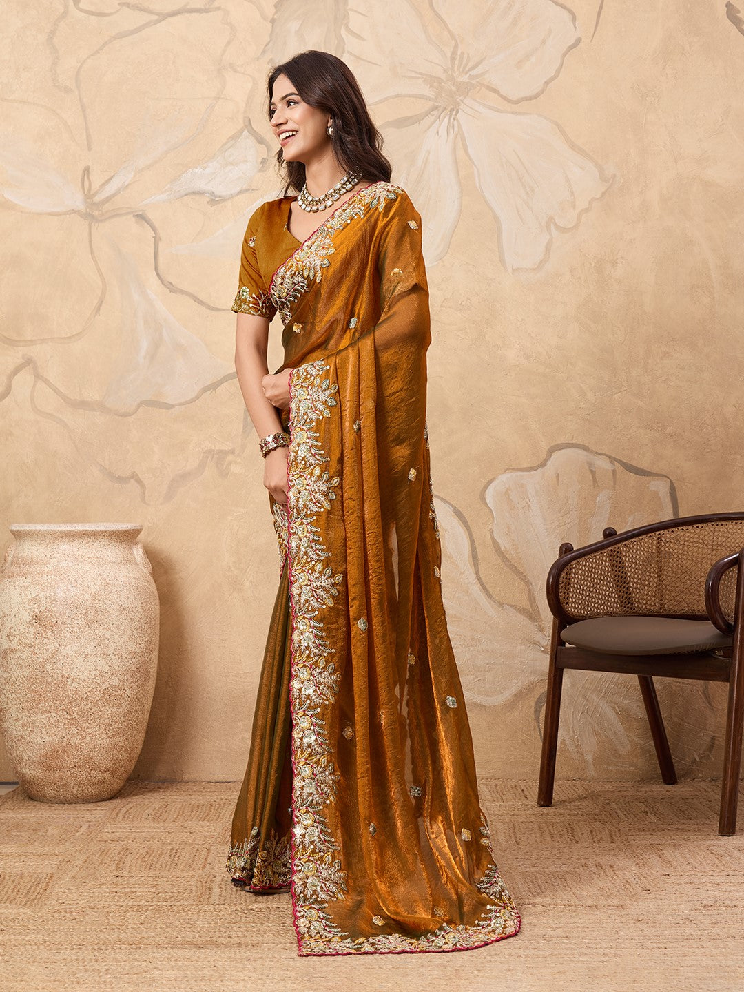Gold Fendy Chiffon Saree With Premium Embroidery