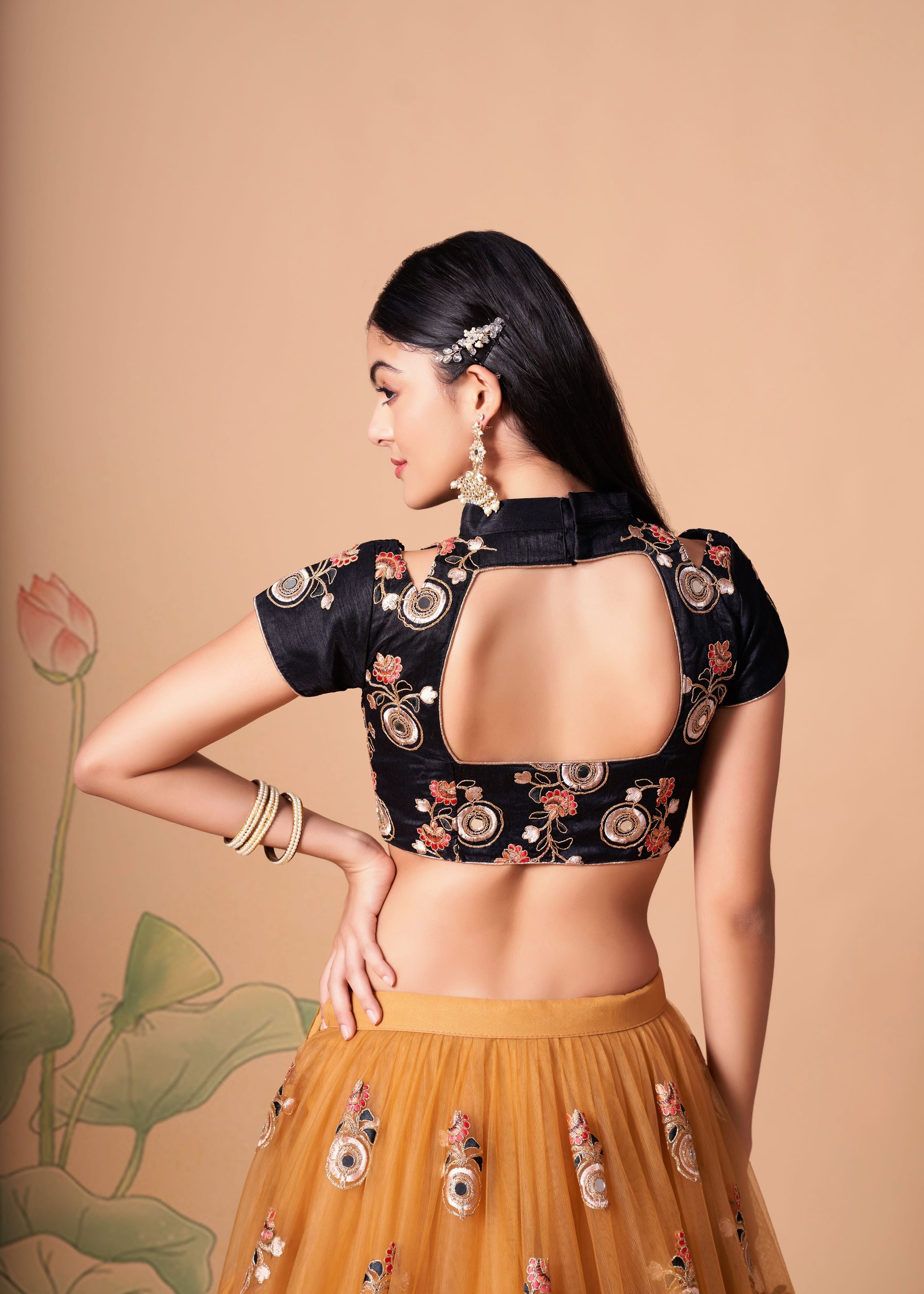 Gold Lehenga Choli With   Thread, Zari, Dori And Sequins Embroidery With Mirror Work