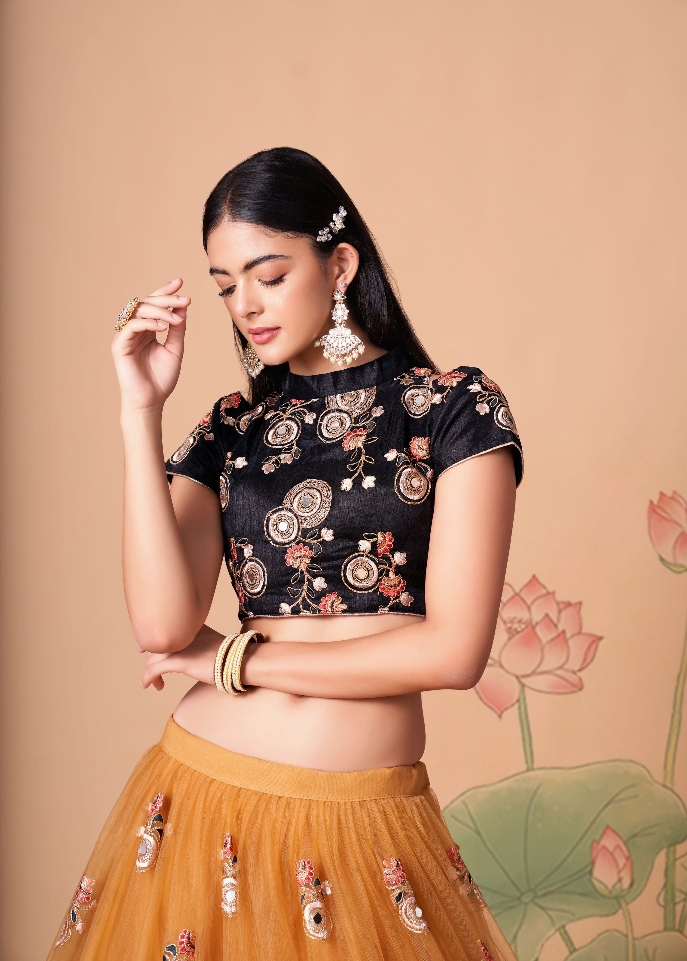 Gold Lehenga Choli With   Thread, Zari, Dori And Sequins Embroidery With Mirror Work