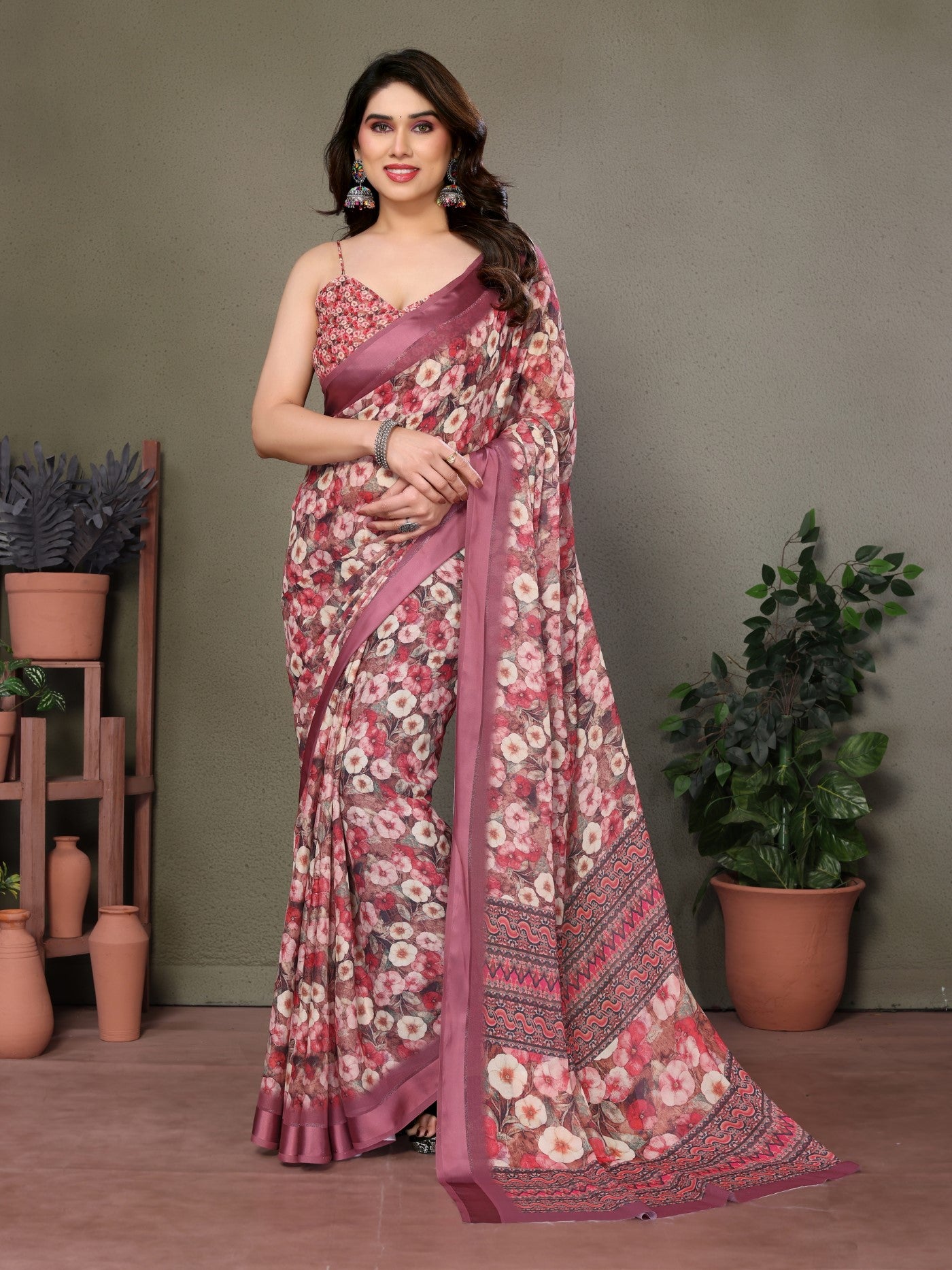 Gold Moss Satin Patta Saree with Digital Print