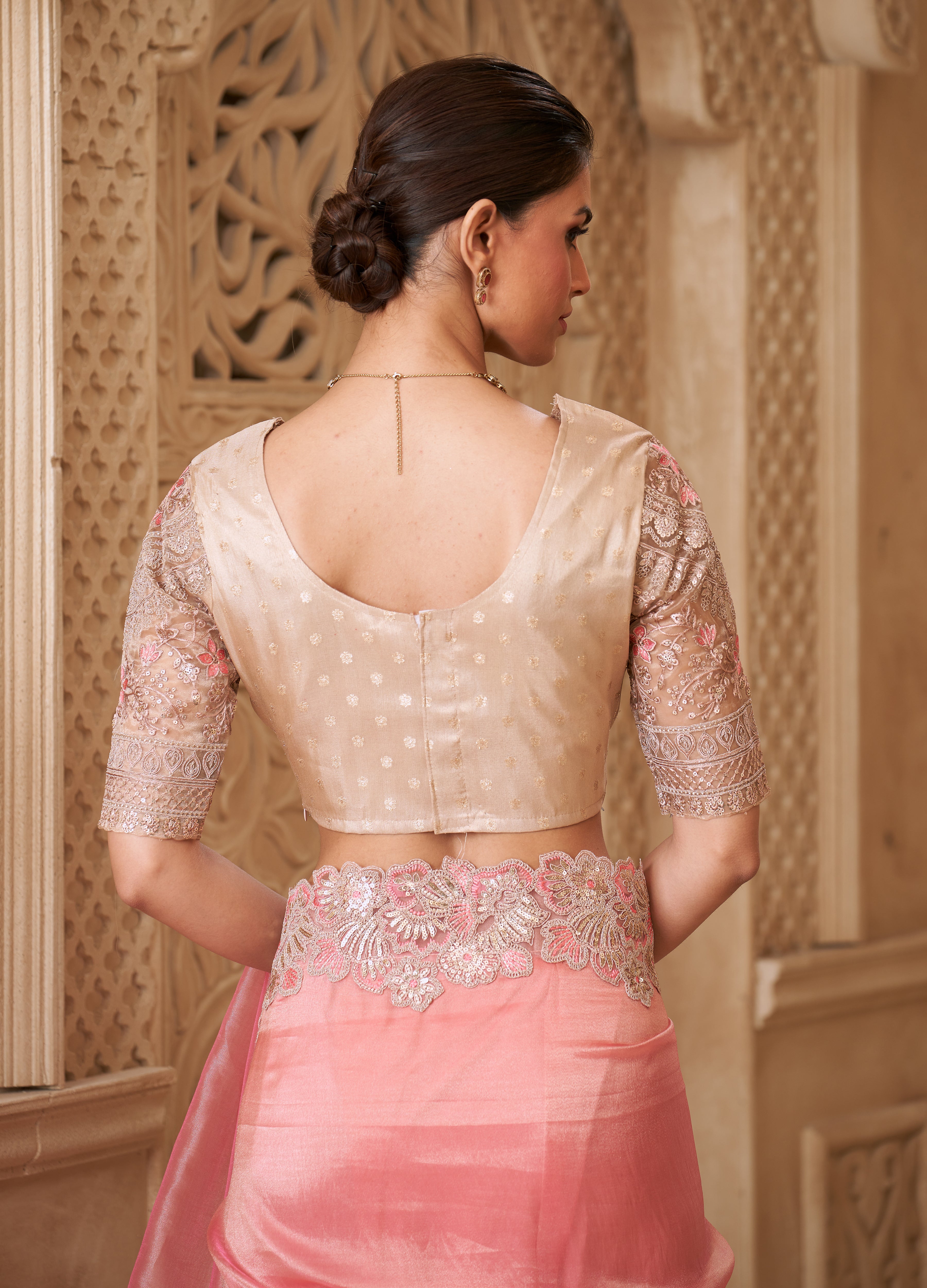 Gold Pink Saree With  Heavy Thread Embroidery Sequins Border Work With Embroidery Blouse