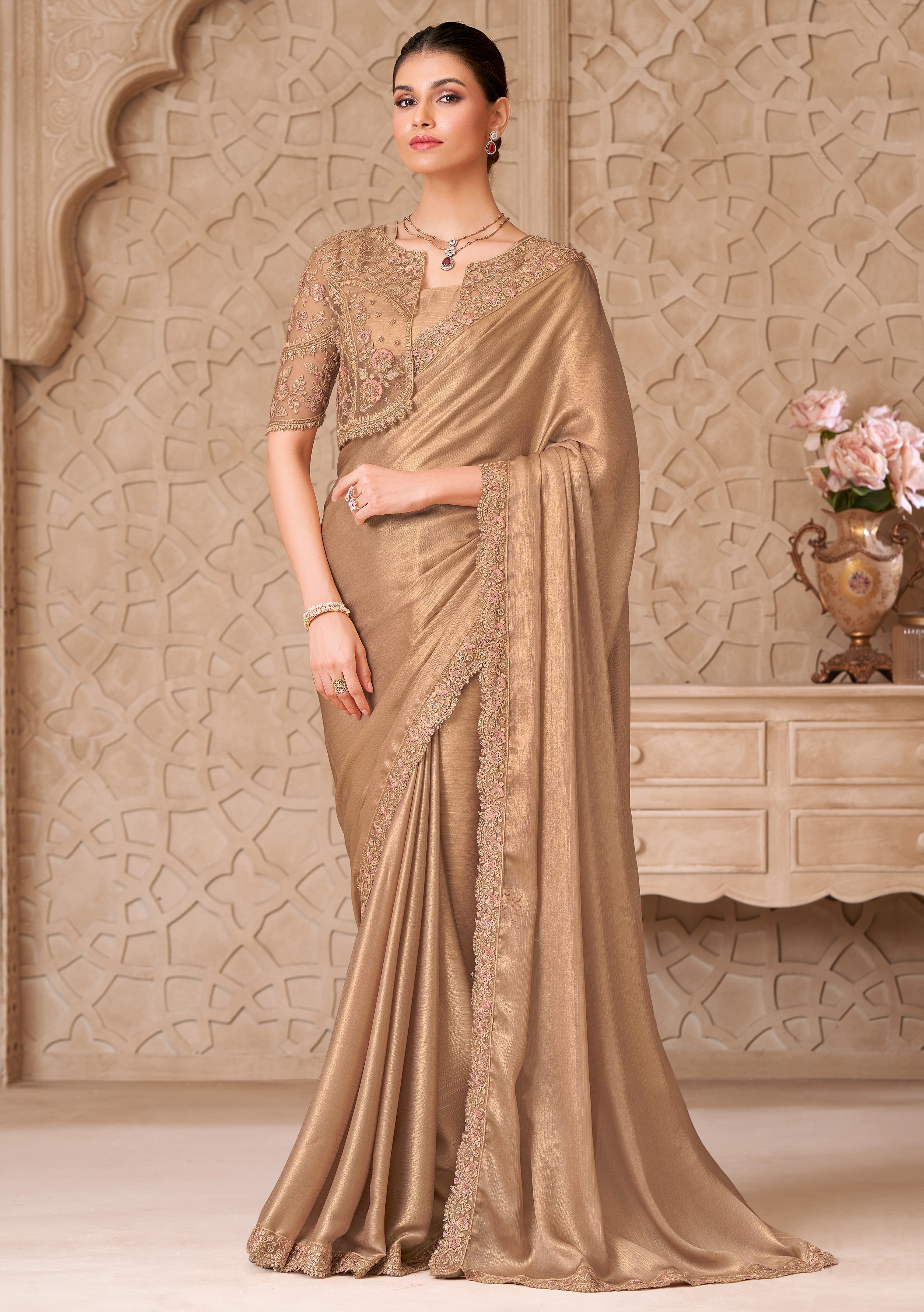 Gold Saree With  Heavy Thread Embroidery Sequins Border Work With Embroidery Blouse