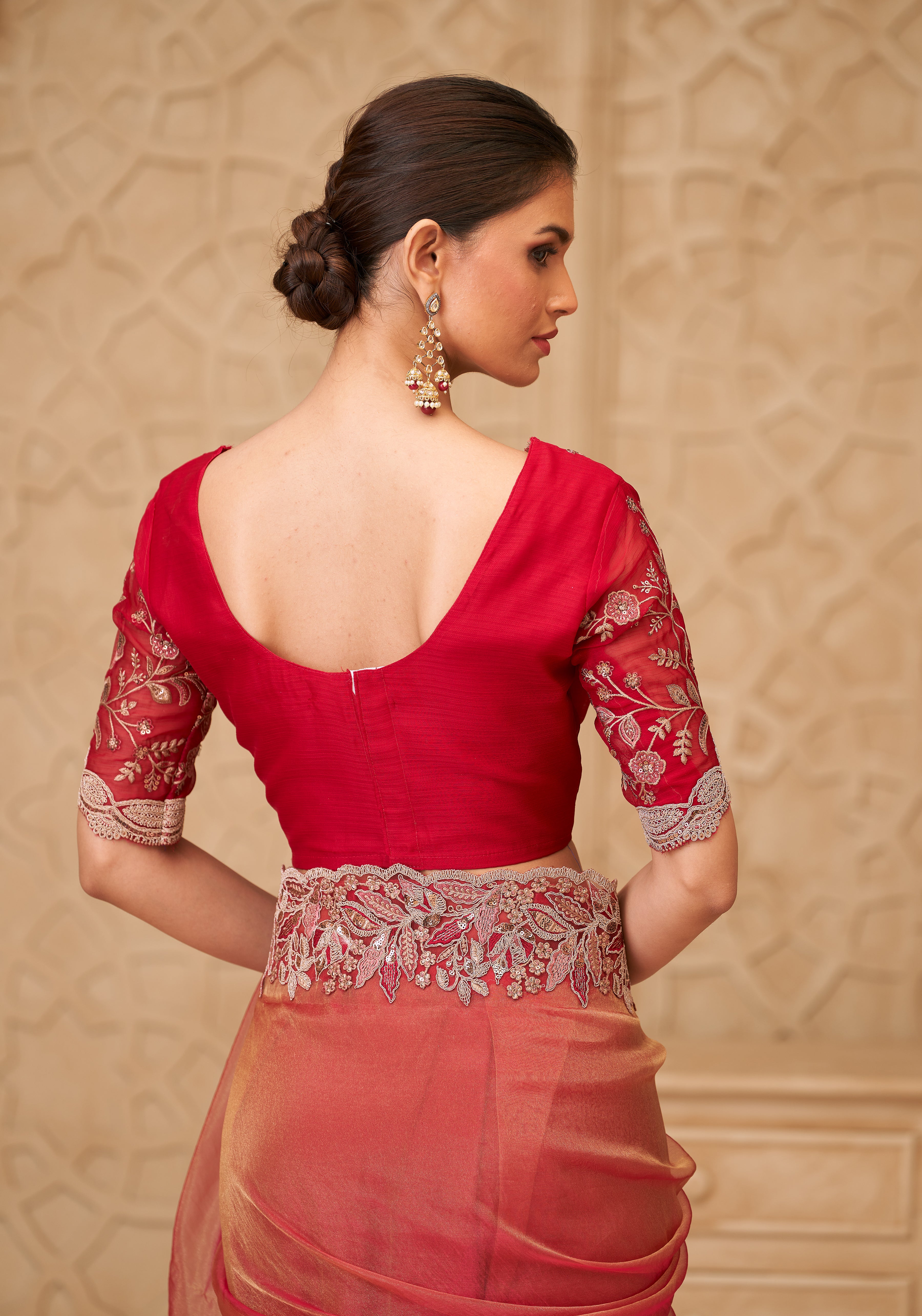 Gold Saree With  Heavy Thread Embroidery Sequins Border Work With Embroidery Blouse