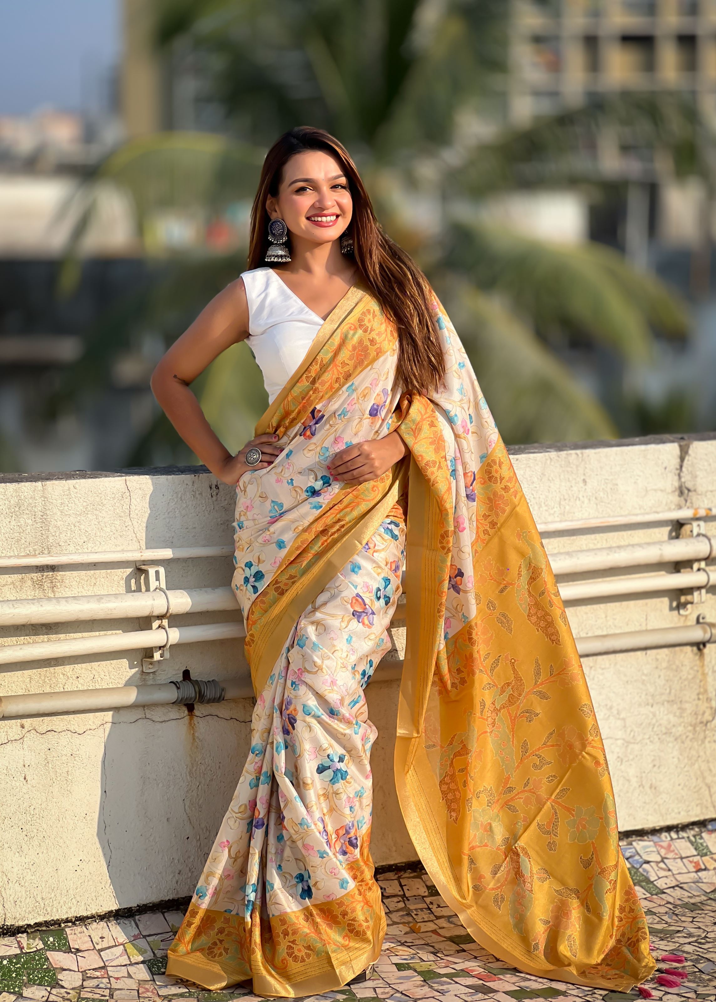 Gold Silk Blend Kalamkari Printed Saree