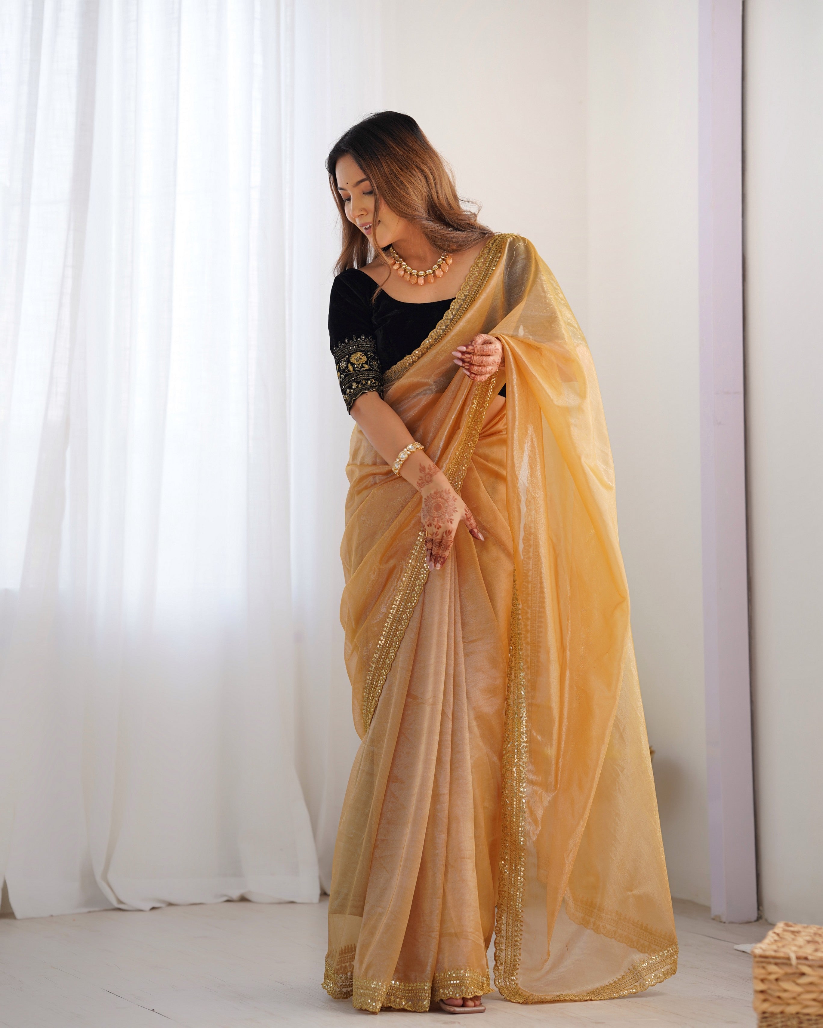 Gold Twill Net Glamorous Bollywood Style Sequins Work Saree