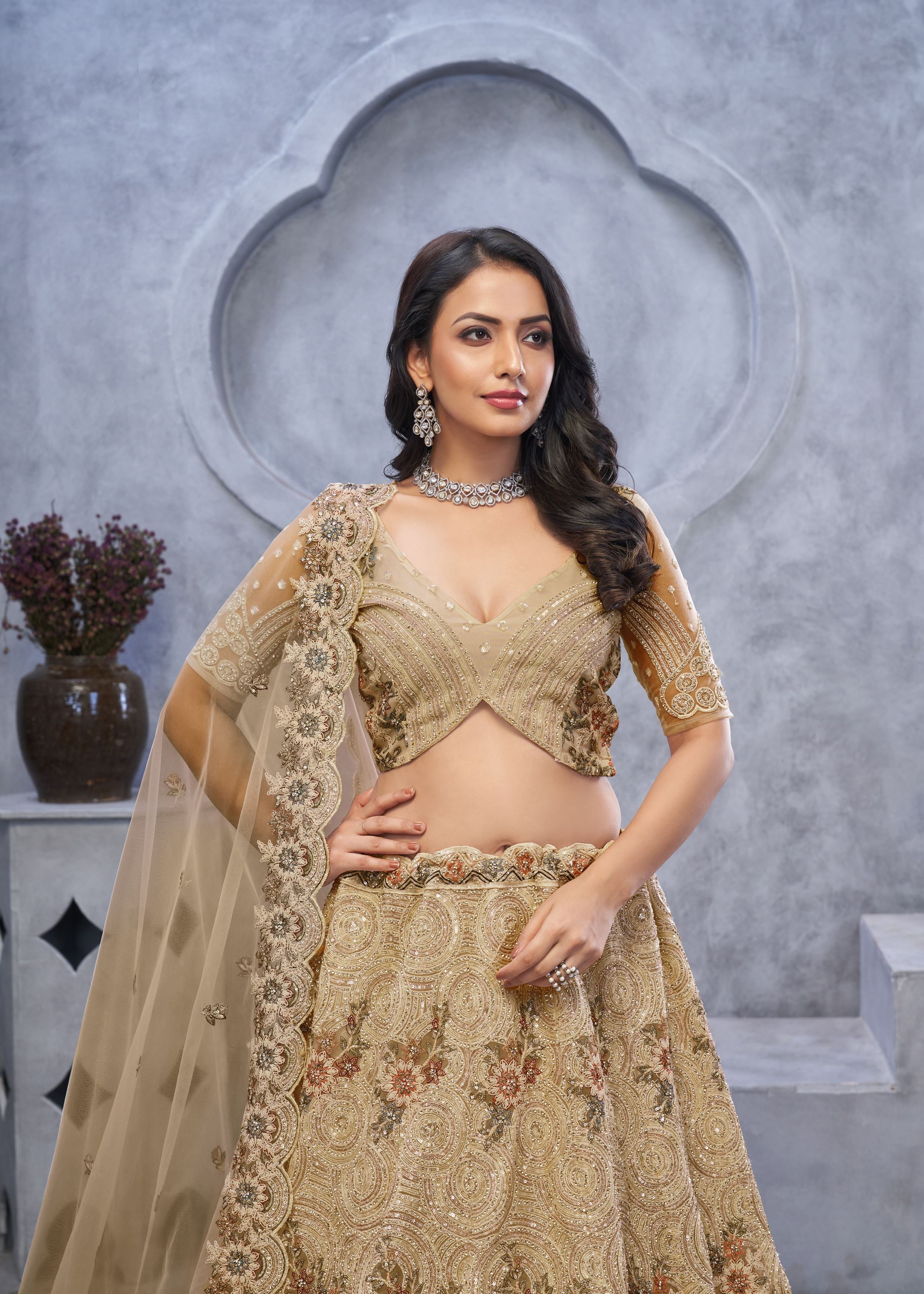 Golden Alluring Bel Butti Pattern Sangeet Lehenga Choli