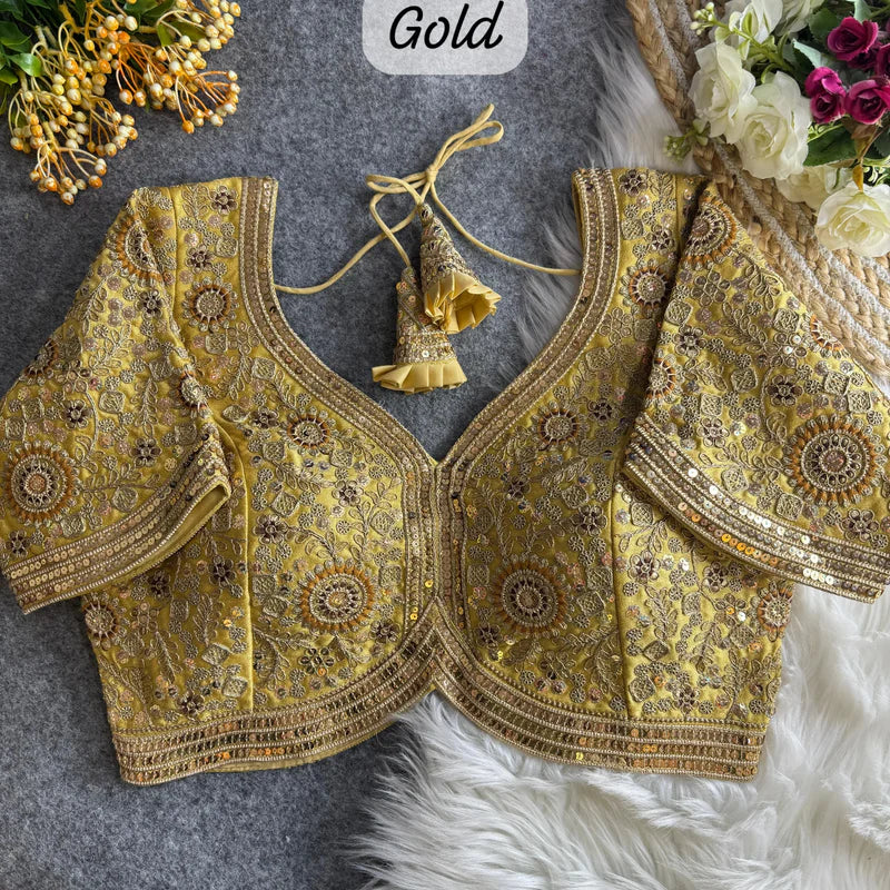 Golden Apple Cut Heavy Cording & Thread Work Bridal Blouse in Italian Silk with Embroidery & Sequins