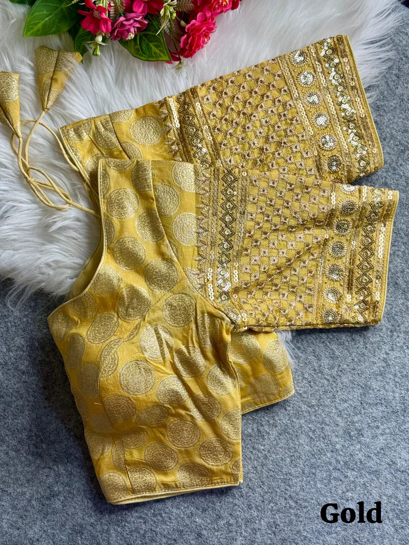 Golden Designer Dola Silk Heavy Embroidered & Sequins Blouse for Women