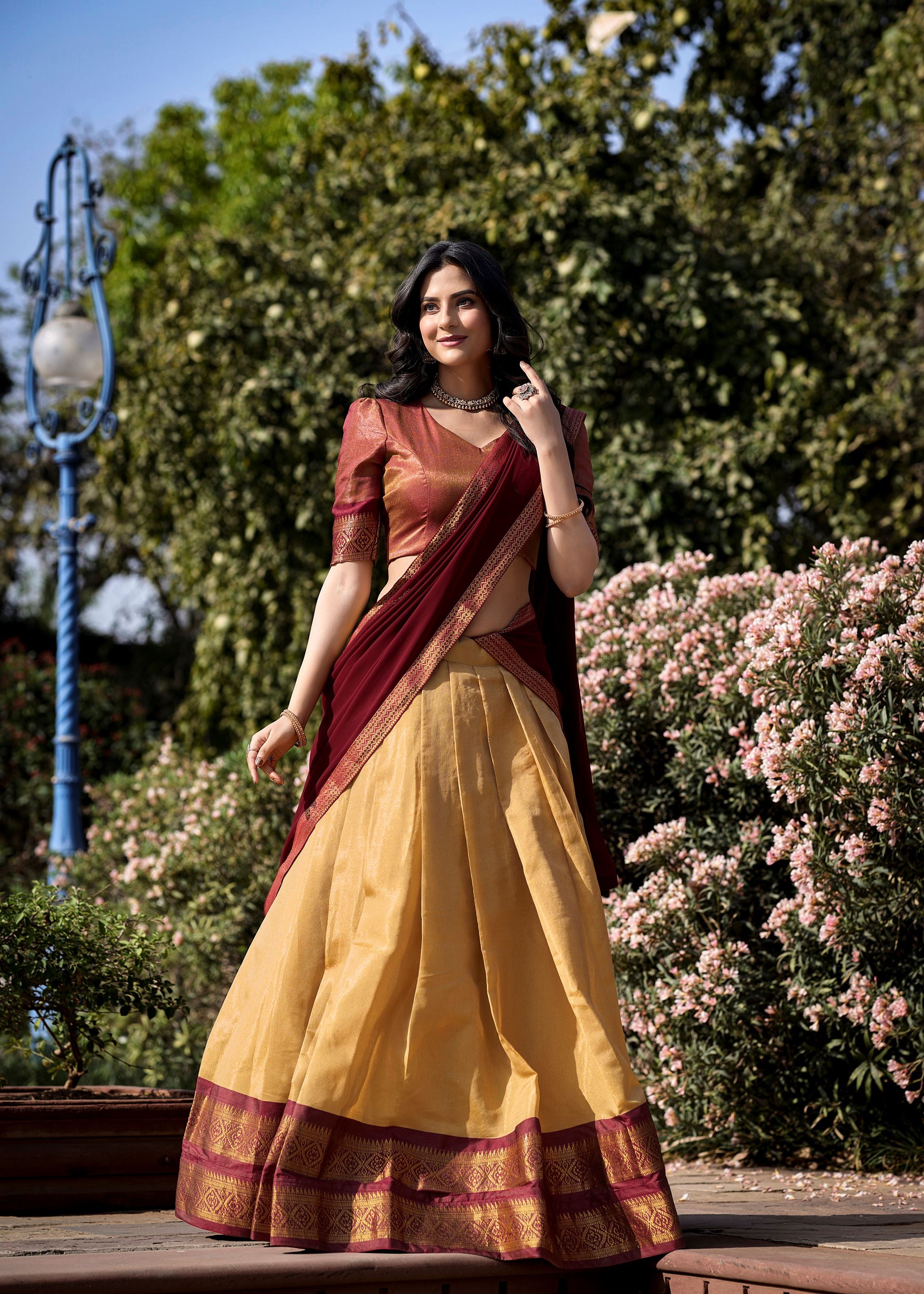 Golden Glow Zari Woven Beige Kanchipuram Lehenga for Festive Grandeur
