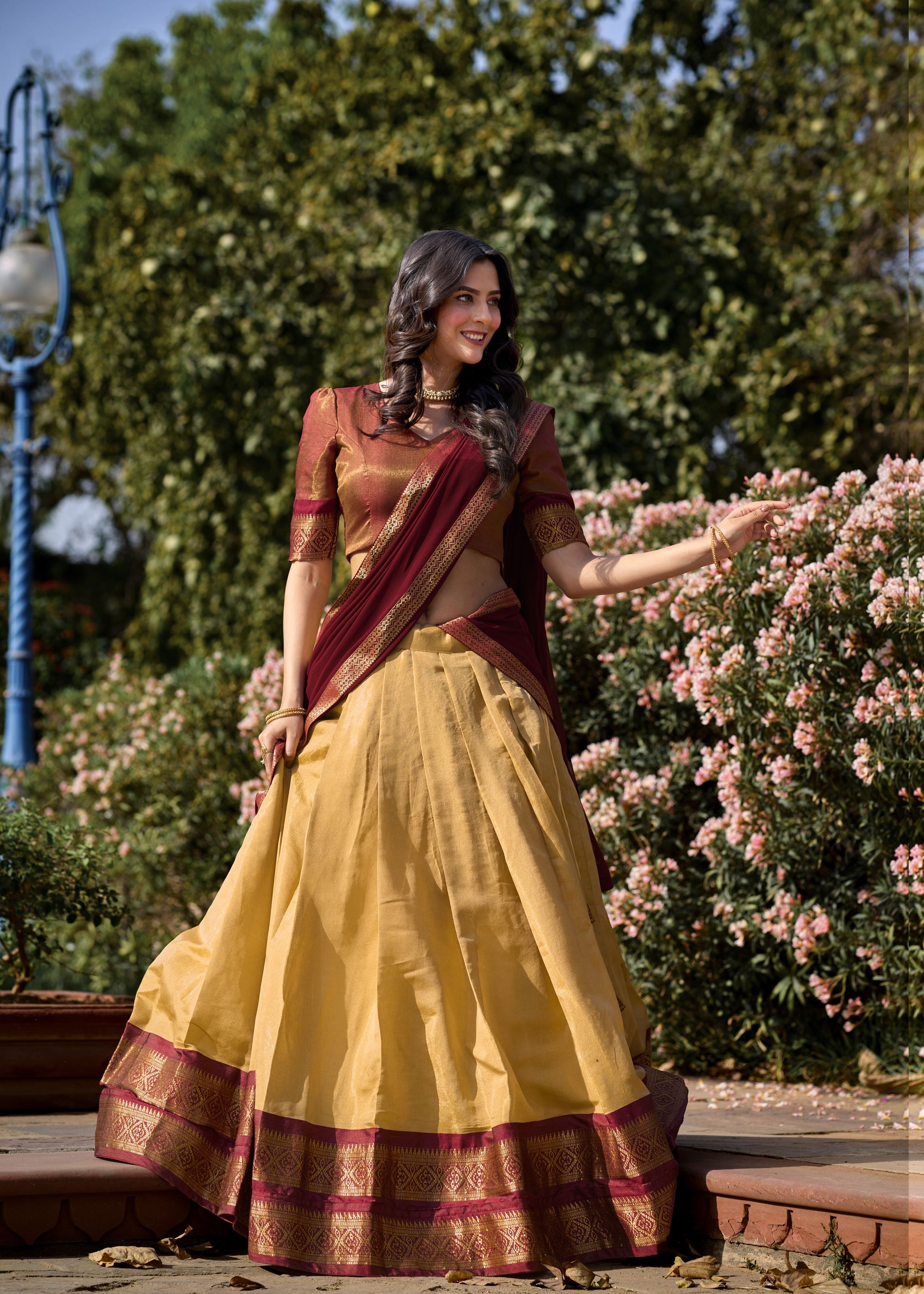 Golden Glow Zari Woven Beige Kanchipuram Lehenga for Festive Grandeur