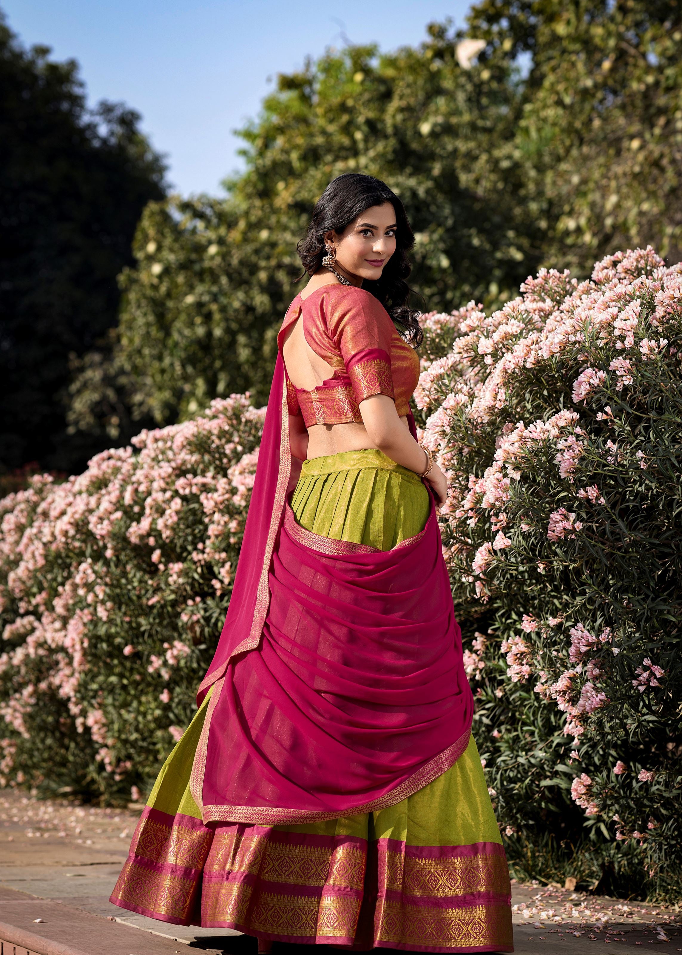 Golden Glow Zari Woven Pista  Kanchipuram Lehenga for Festive Grandeur