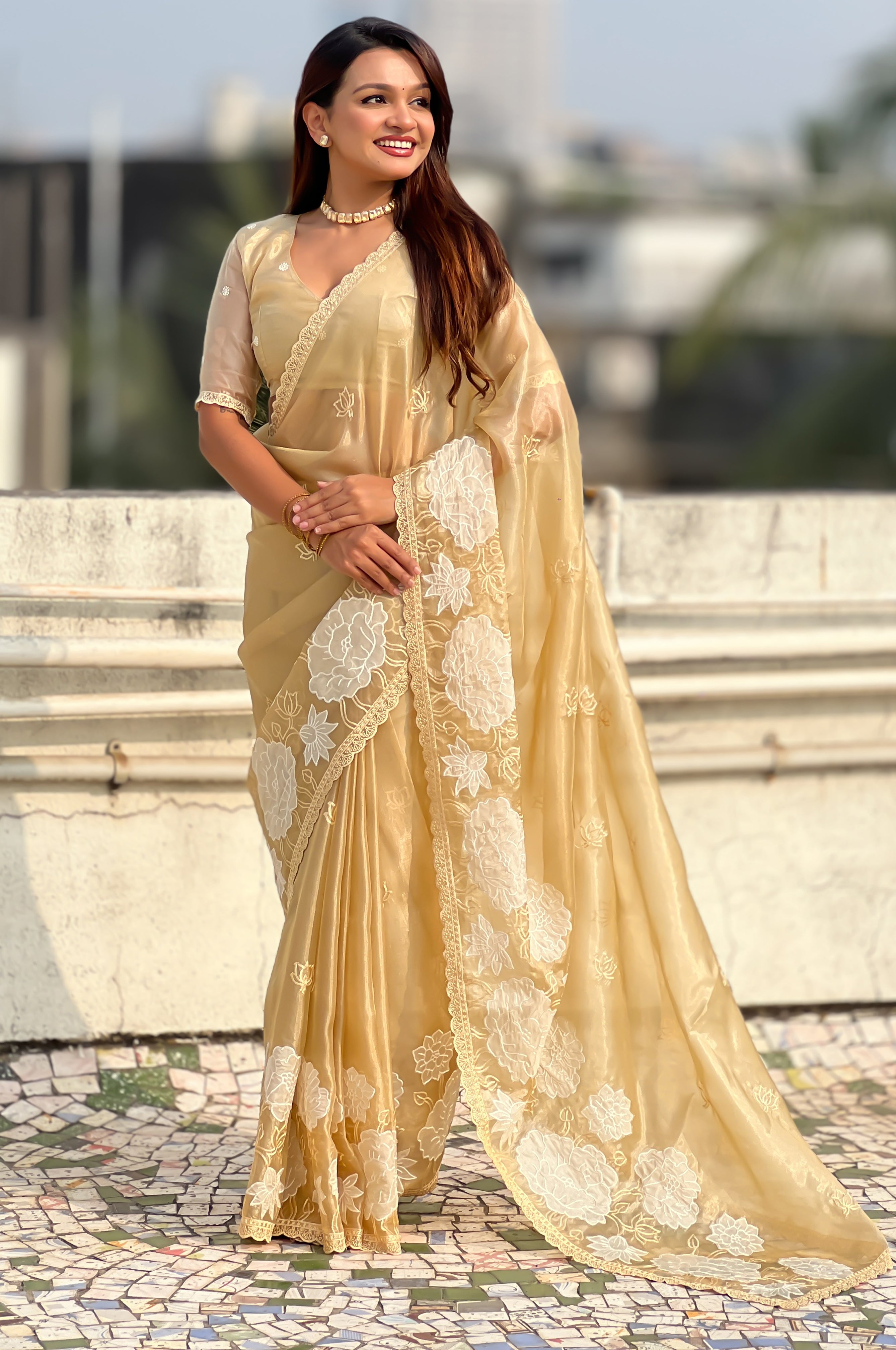Golden Oris Silk Saree with Rich Lotus Embroidery Cut Work