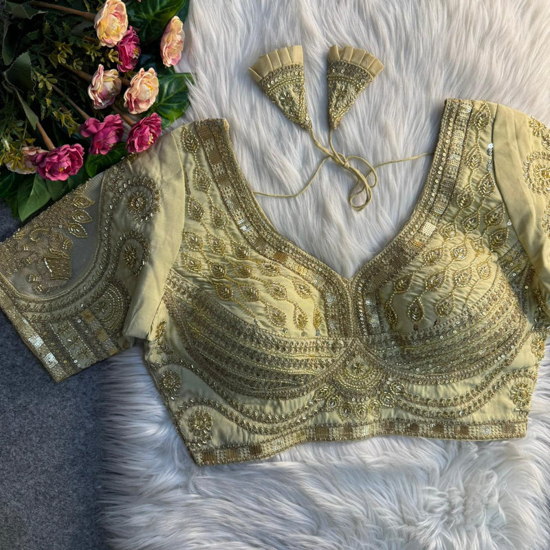 Golden Royale Elephant Patch Work Bridal Blouse  Roman Silk Heavy Beads & Sequins Designer Wear
