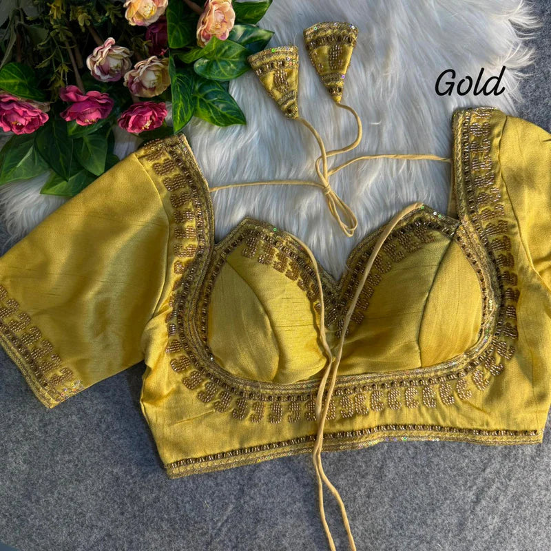 Golden Royale Royal Beads Work Bridal Blouse  Italian Silk Designer Couture Wear