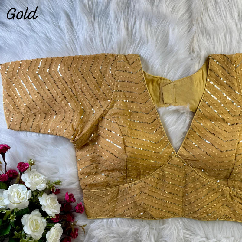 Golden Sabyasachi-Inspired Deep Neck Embroidered Faux Georgette Blouse with Sequin Work