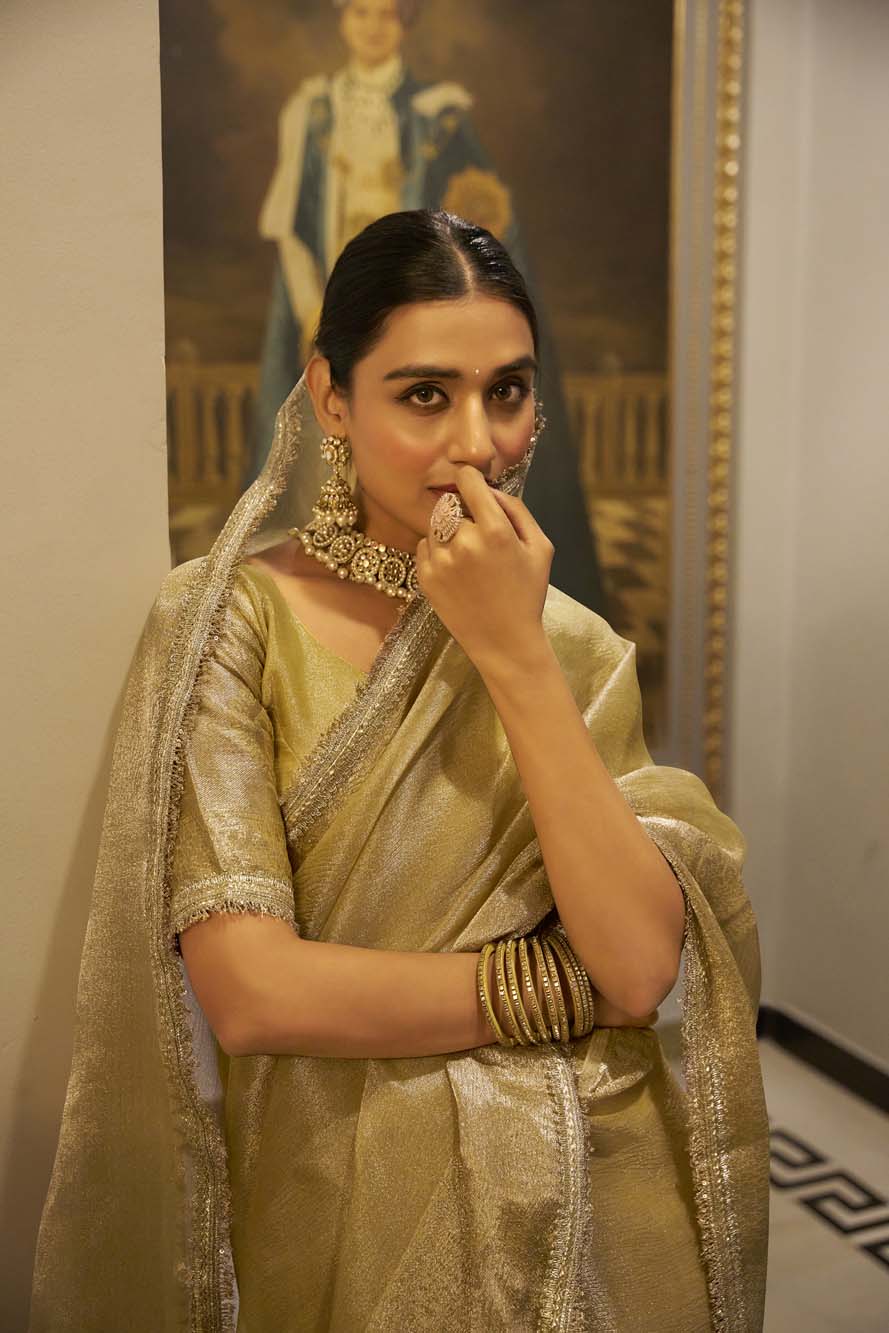 Golden Tissue Shimmer Saree with Zari Weaving & Sequins Lace