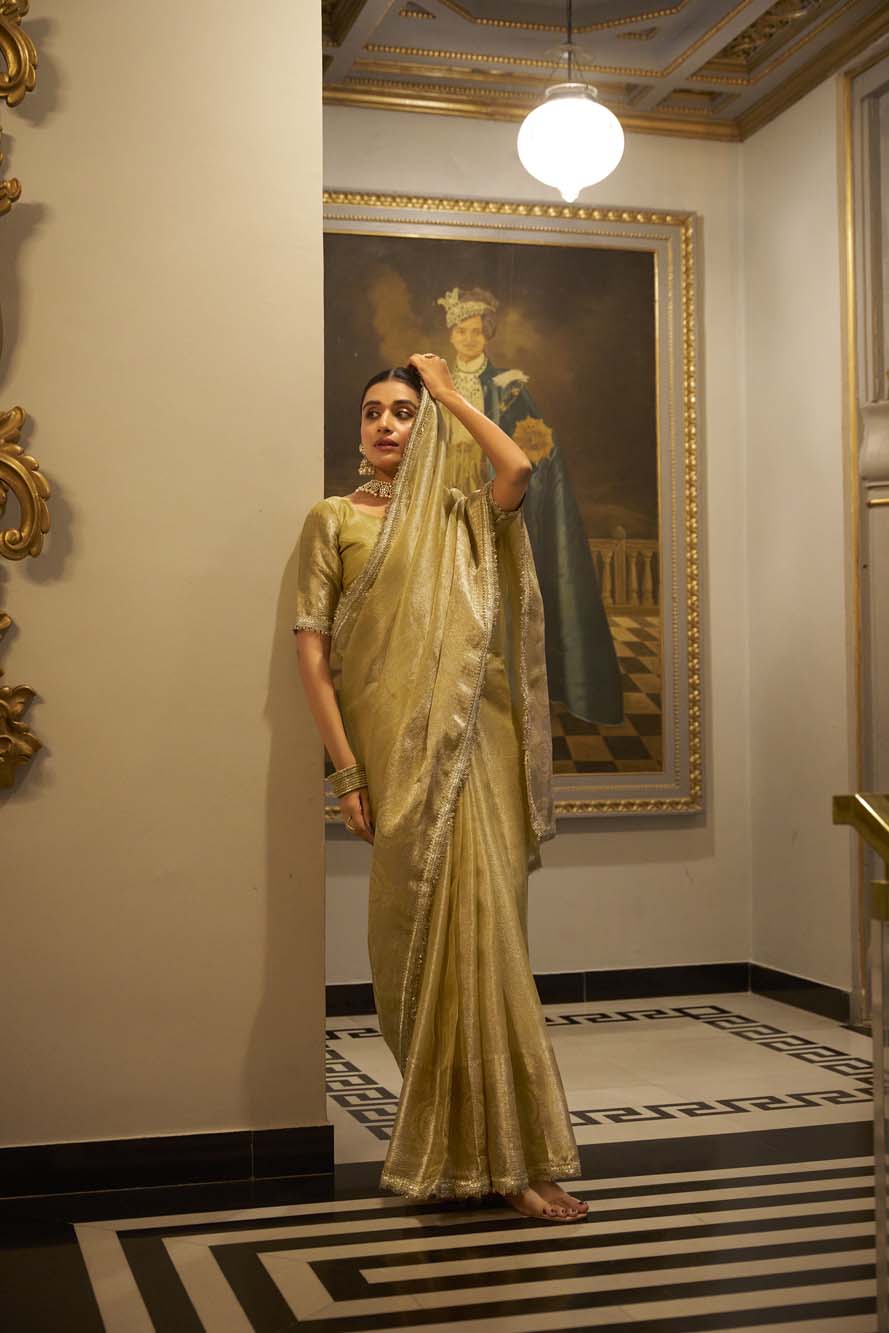 Golden Tissue Shimmer Saree with Zari Weaving & Sequins Lace