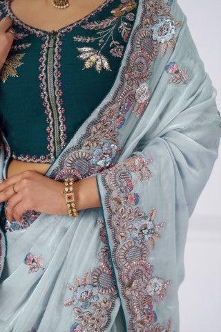 Graceful Grey In Rich Silk Fendi Saree With Zari And Sparkling Sequins