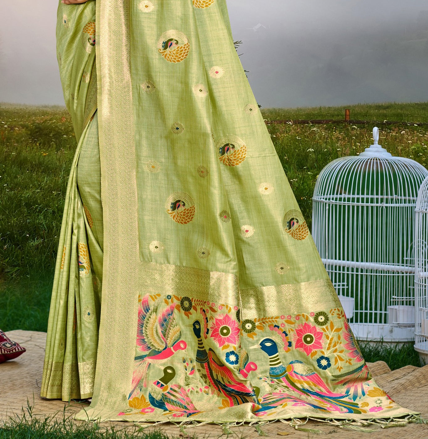 Graceful Orange Assam Silk Meenakari Festival Saree
