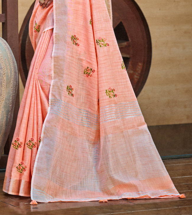 Graceful Peach Linen Festival Saree for Women