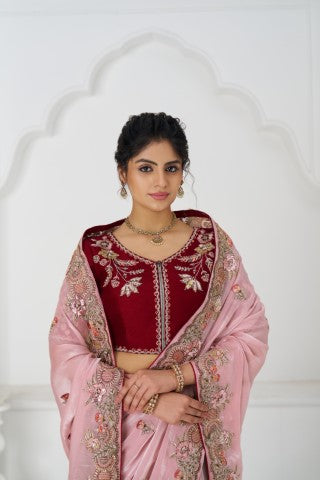 Graceful Pink Zari And Sequins On Rich Fendi Silk Saree
