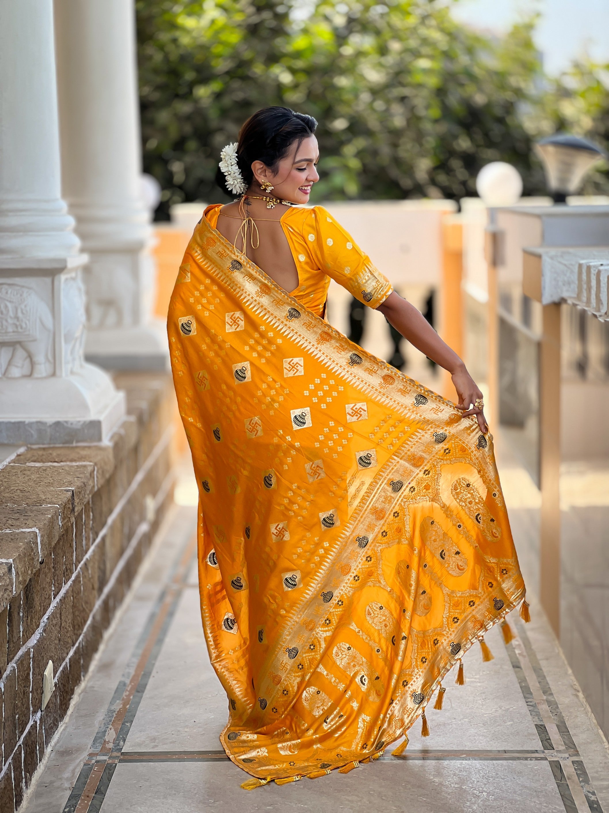 Graceful Woven Meenakari Designer Yellow Dola Silk Saree